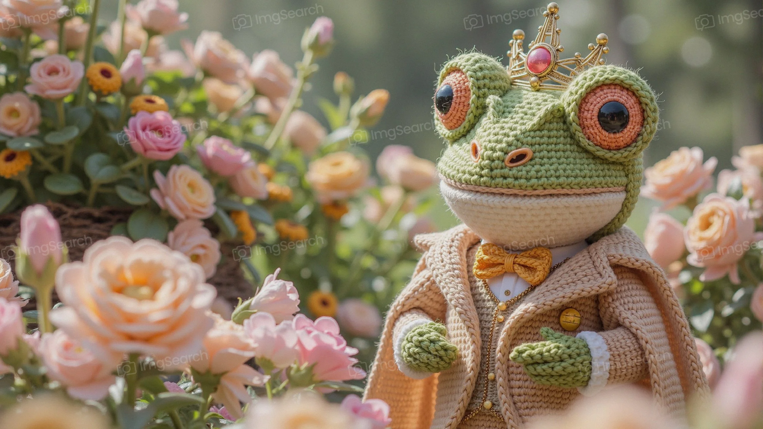 A crochet frog wearing a crown bow tie stands in a flower garden with pink roses.