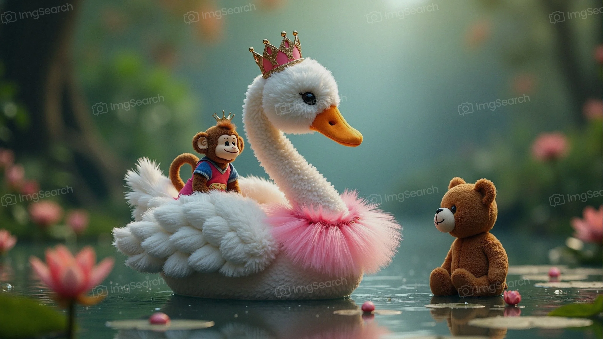 A plush swan wearing a crown tutu, with a monkey on its back a teddy bear nearby, set in a picturesque pond