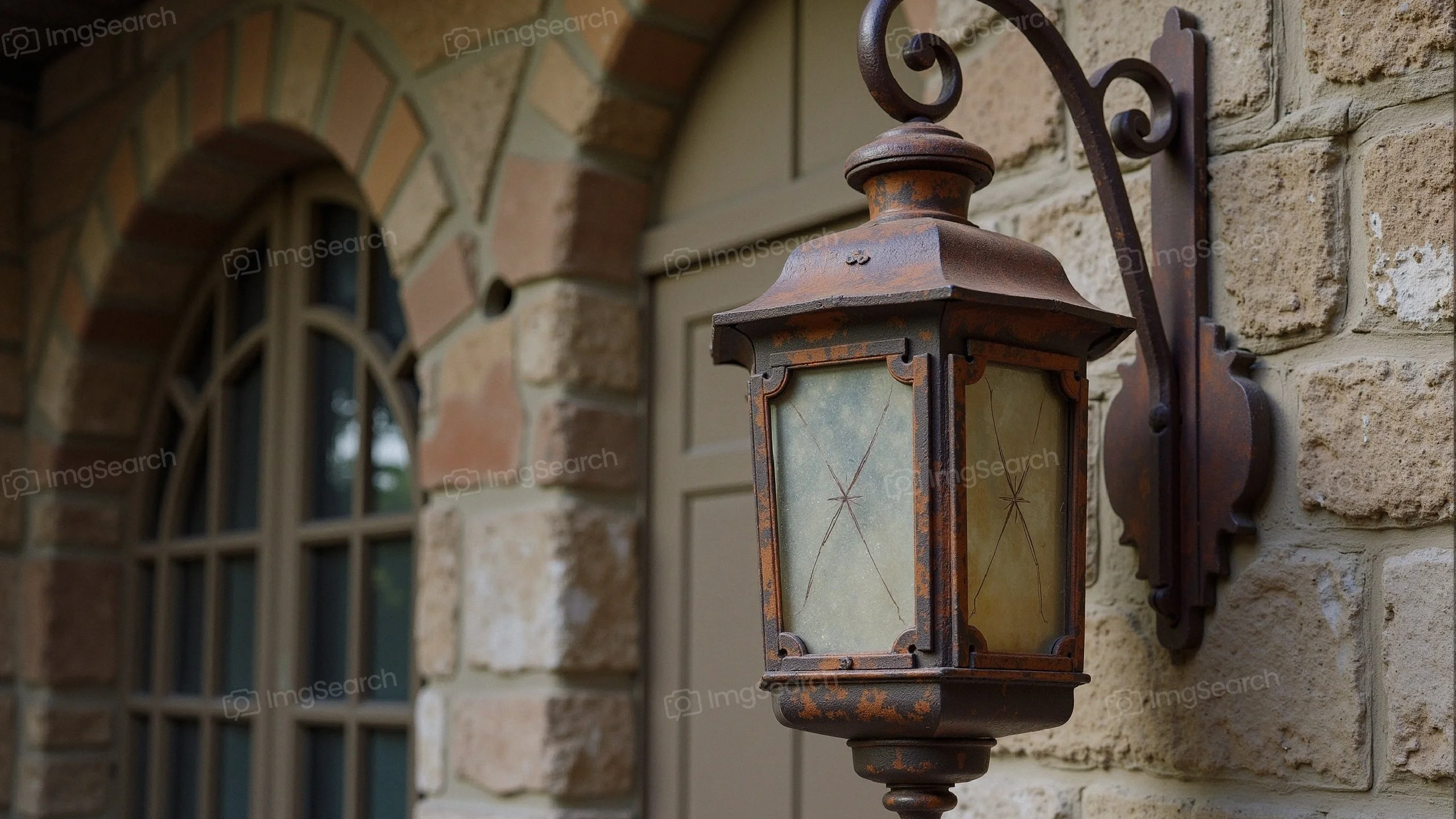 A rustic lantern attached to a textured stone wall.