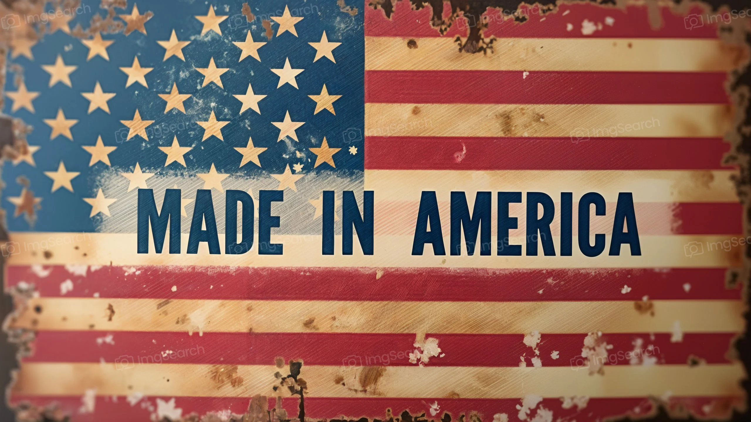 A weathered American flag featuring the text 'MADE IN AMERICA'