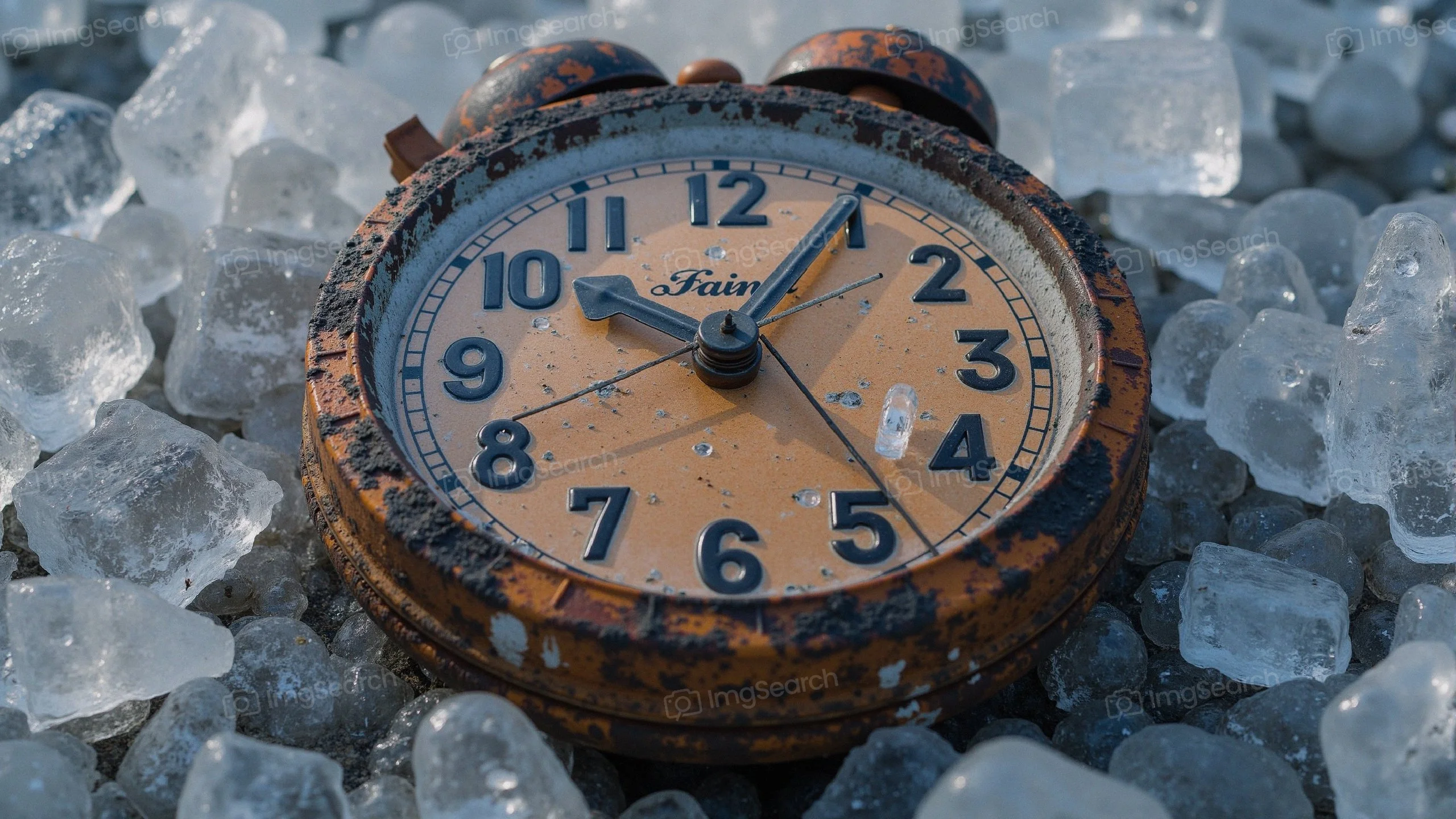 A rusted vintage stopwatch lying on glass pebbles, with a weathered face faded numbers.