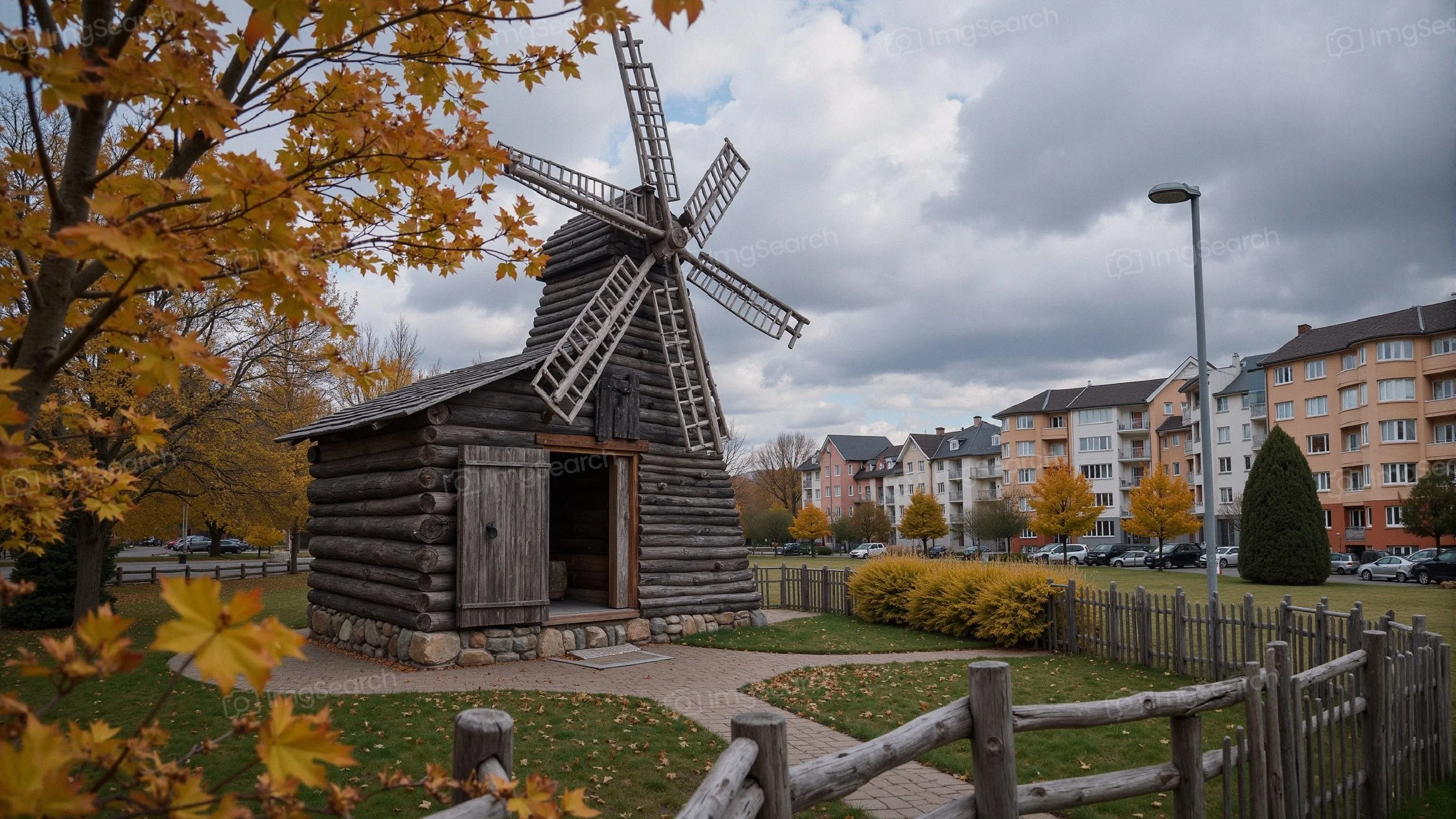 Wooden windmill in an autumn park surrounded by trees buildings.