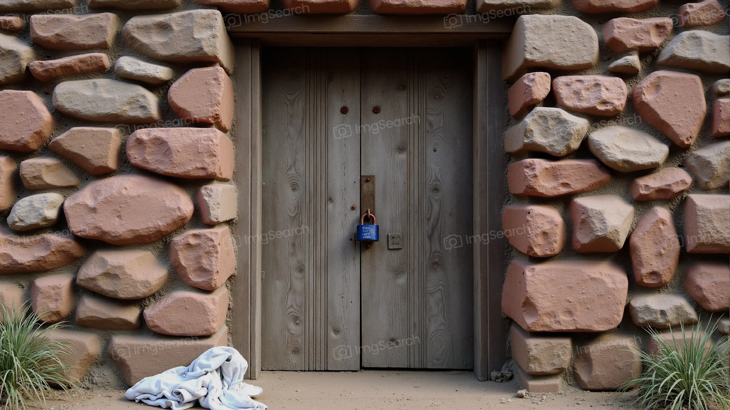 A rustic wooden door with a blue padlock set in a stone wall