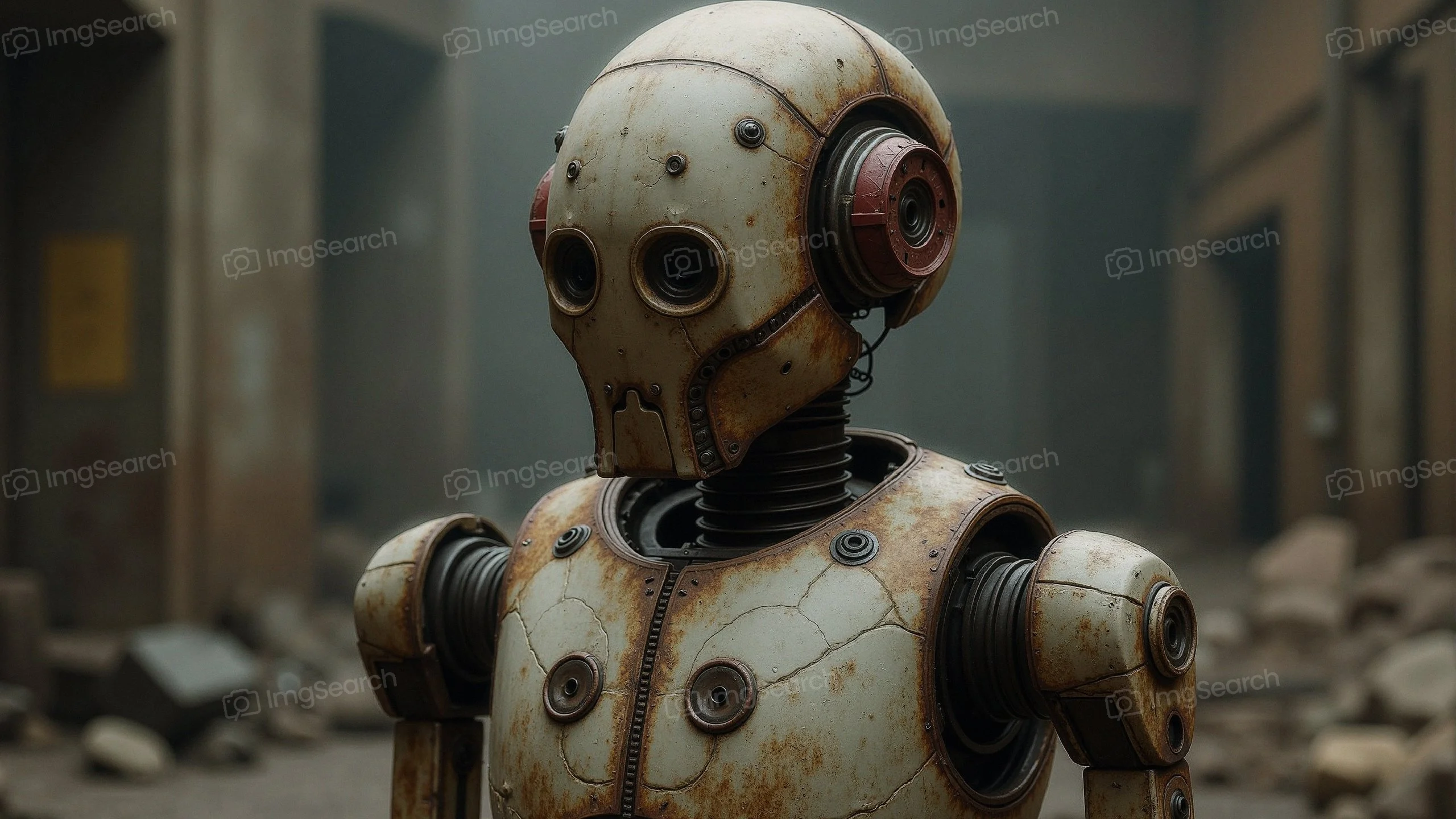 A rusty humanoid robot stands in a ruined urban setting surrounded by debris.