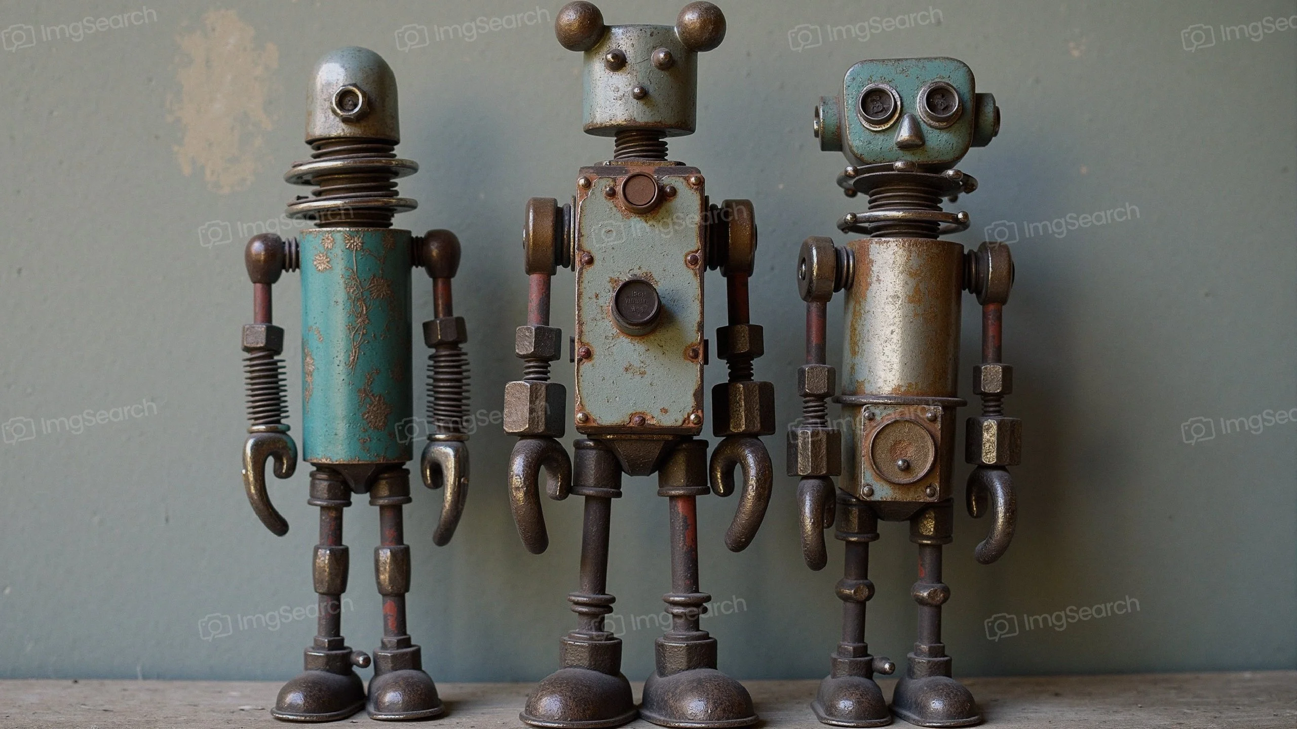 Three vintage-style robots made of metal with a rustic finish.