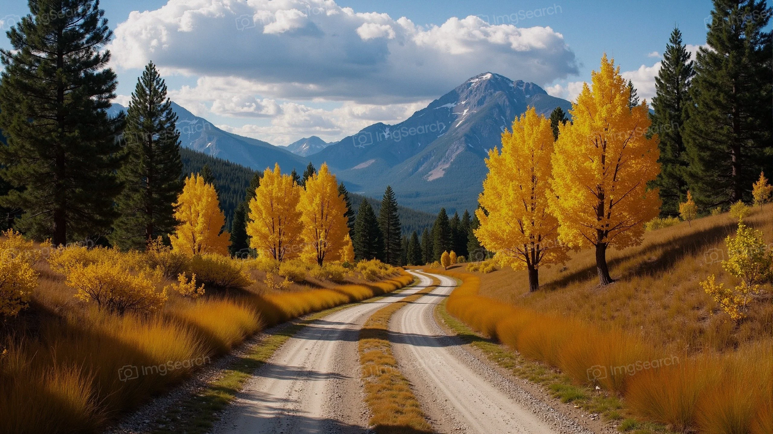 Dirt road through golden autumn trees mountains in the background
