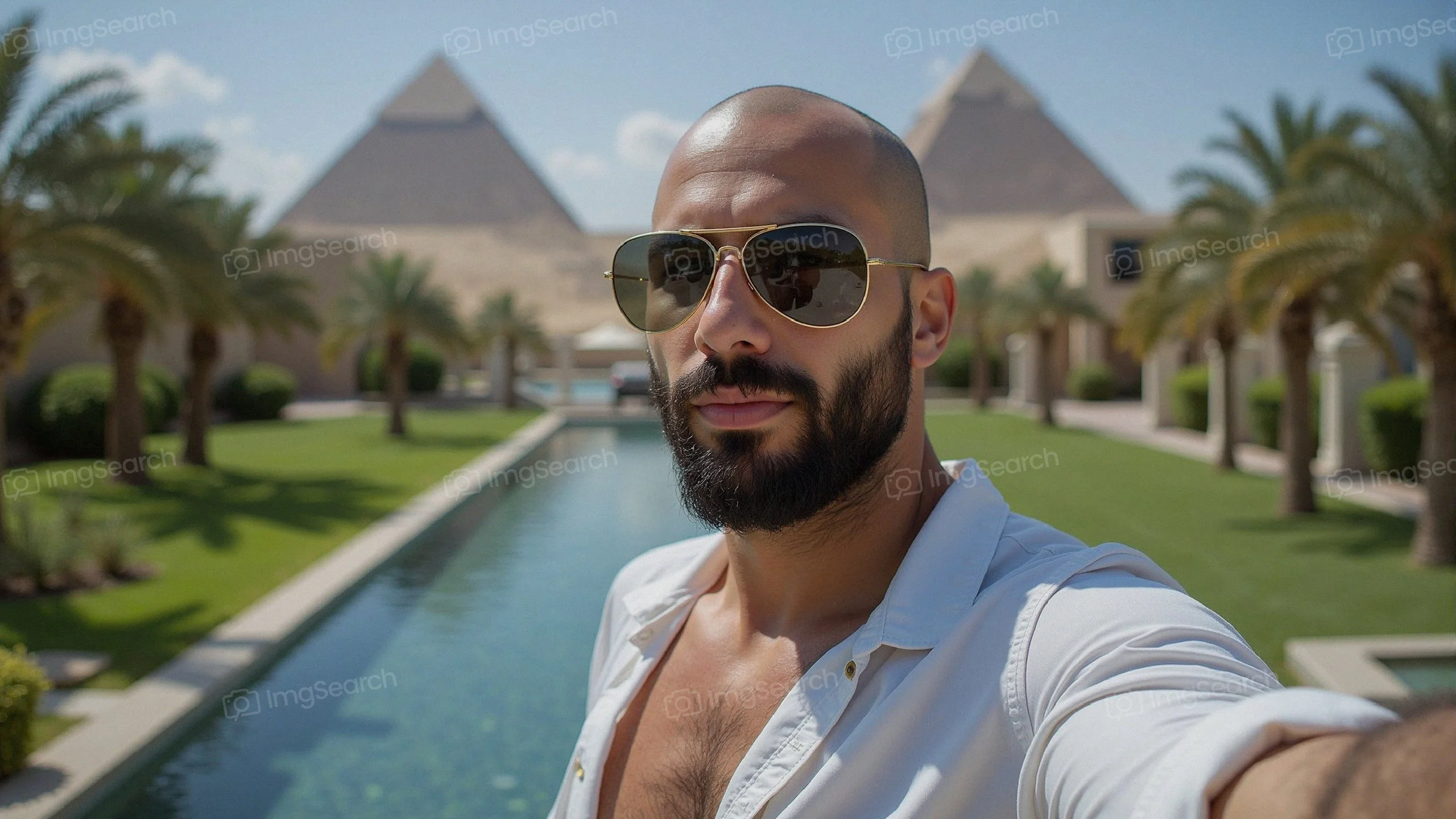 A man taking a selfie with the Pyramids of Giza in the background.