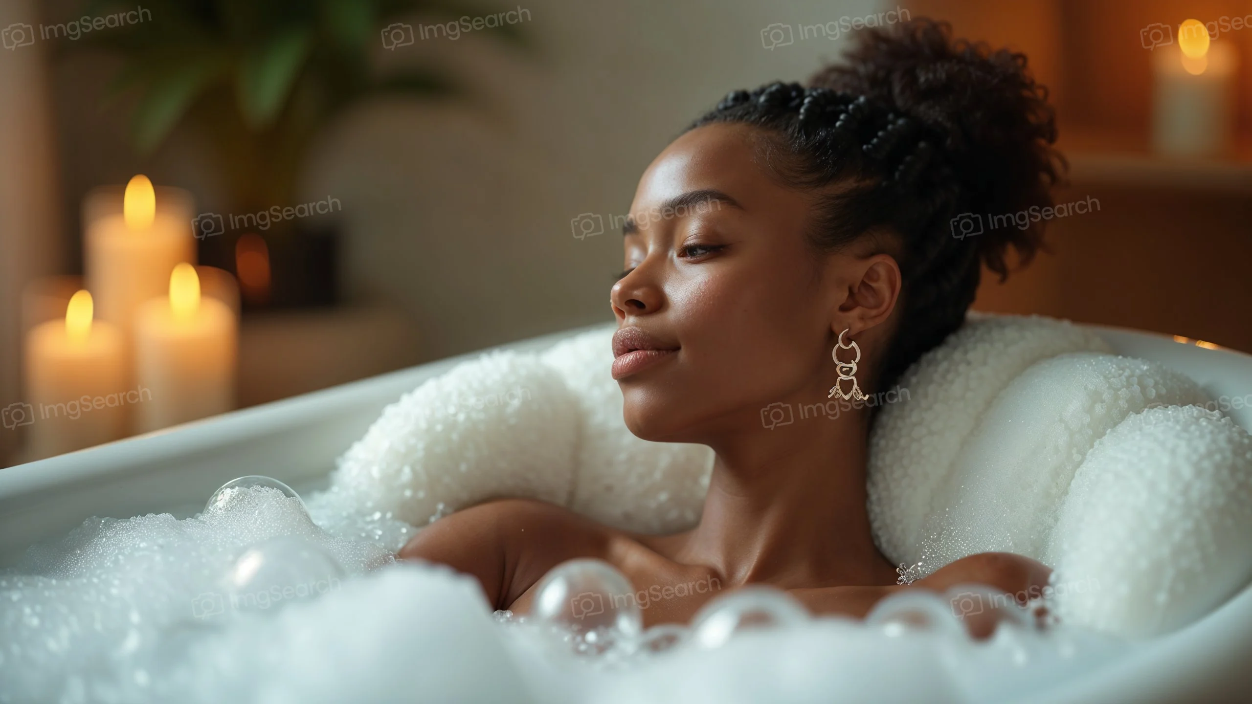 A woman with braided hair relaxing in a bubble-filled bathtub with candles in the background.