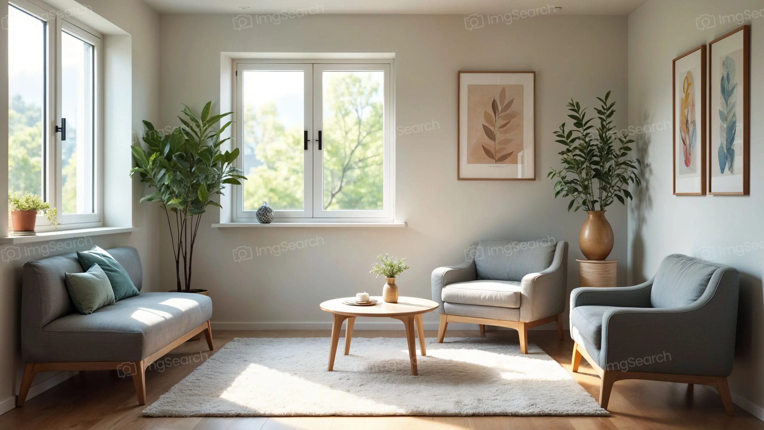 A bright modern living room with gray sofas, a coffee table, and indoor plants.