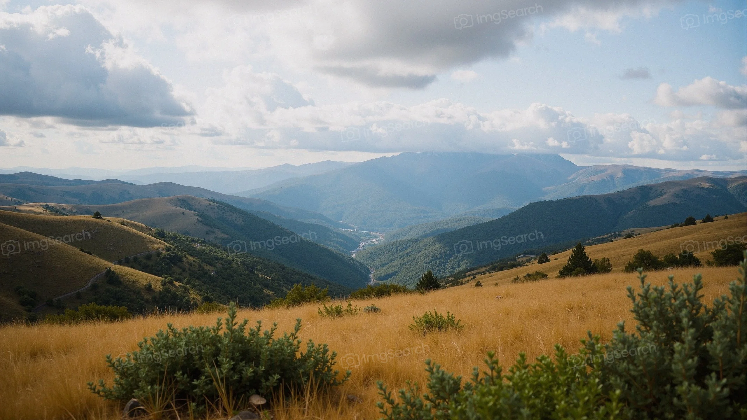A panoramic view of a lush valley surrounded by mountains with clouds above.