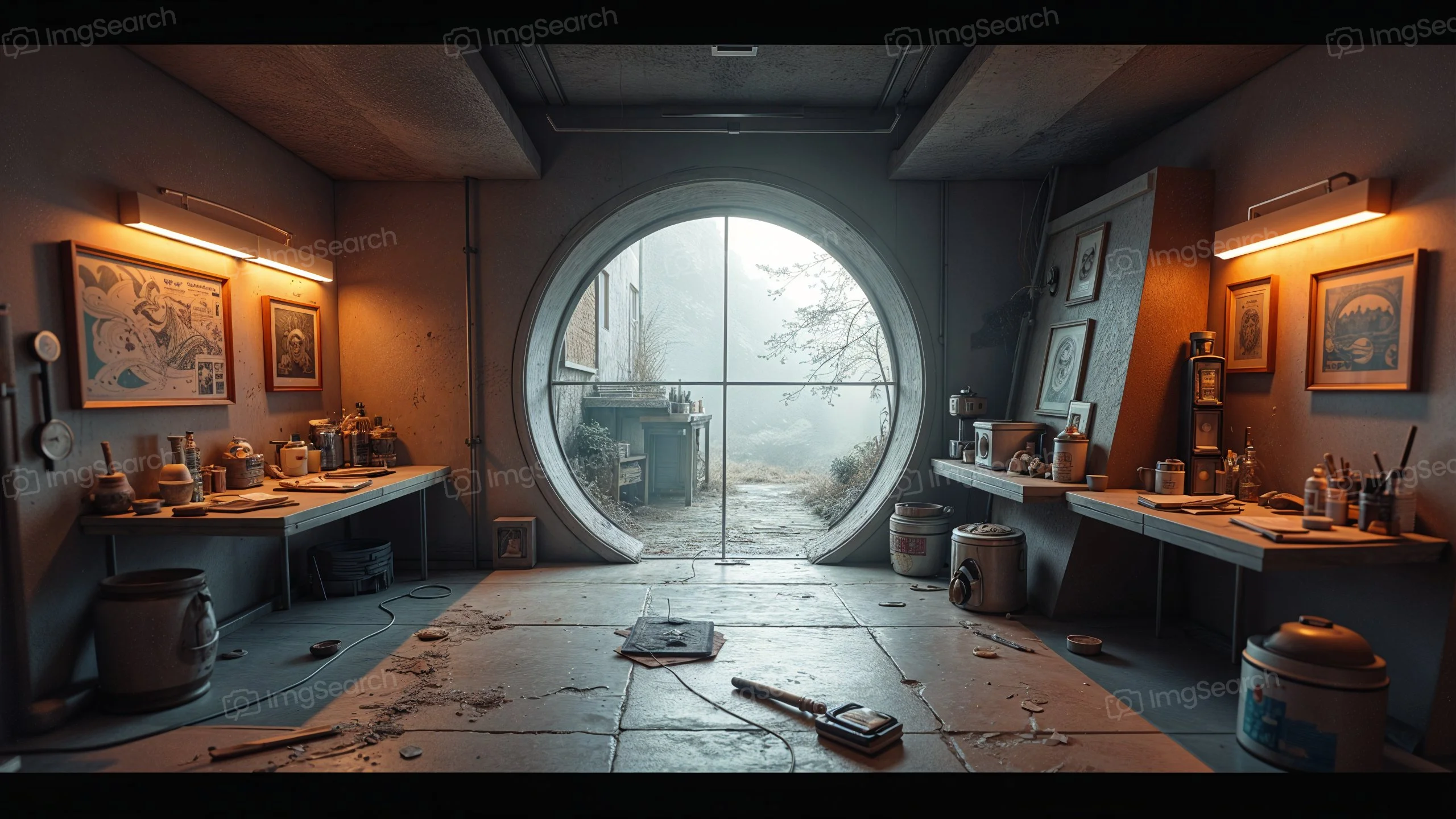 Interior of a cozy workshop with two tables and a large circular window showing a misty landscape