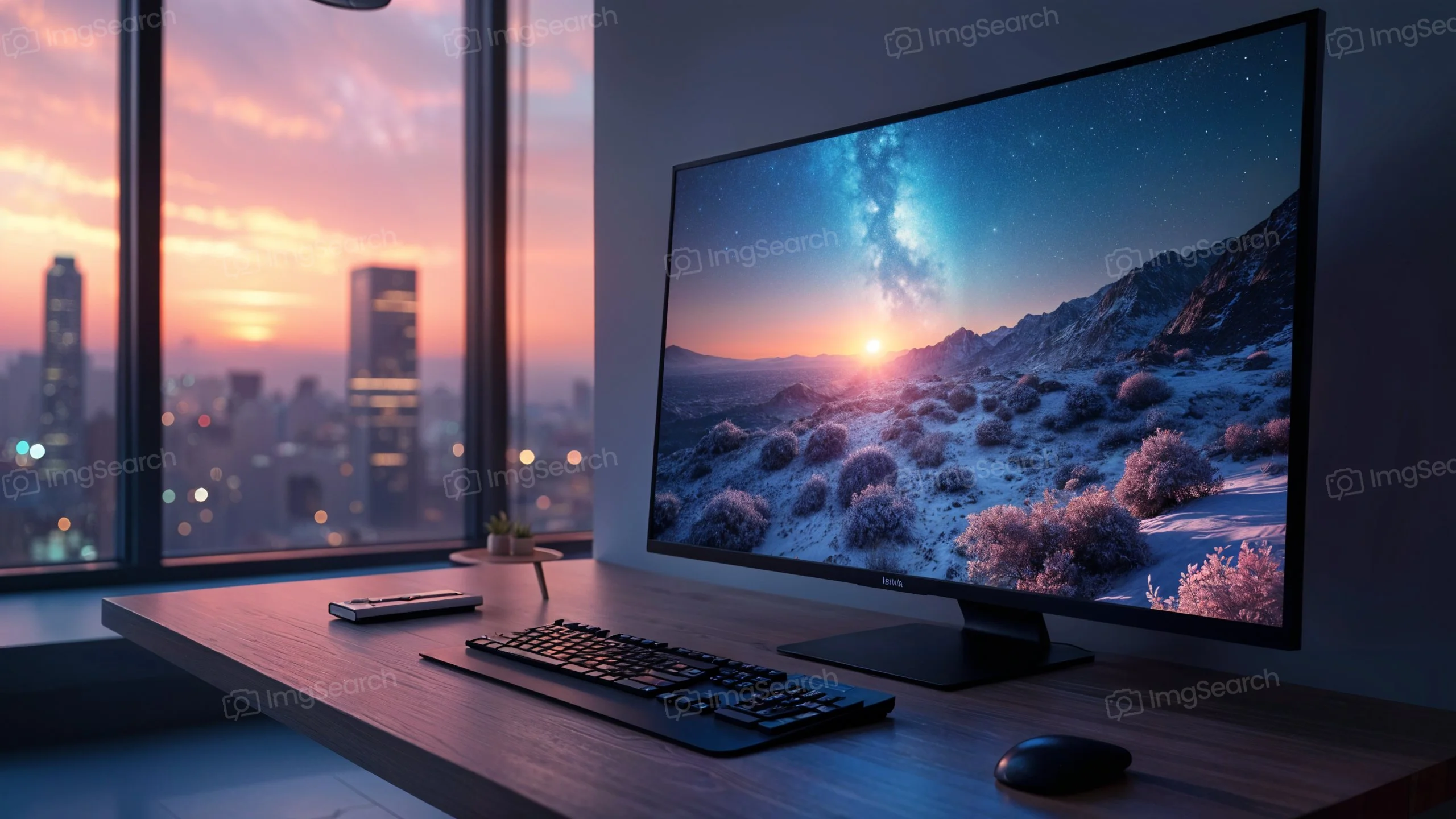A desk with a monitor showing a sunset scene, set against a backdrop of a city skyline.