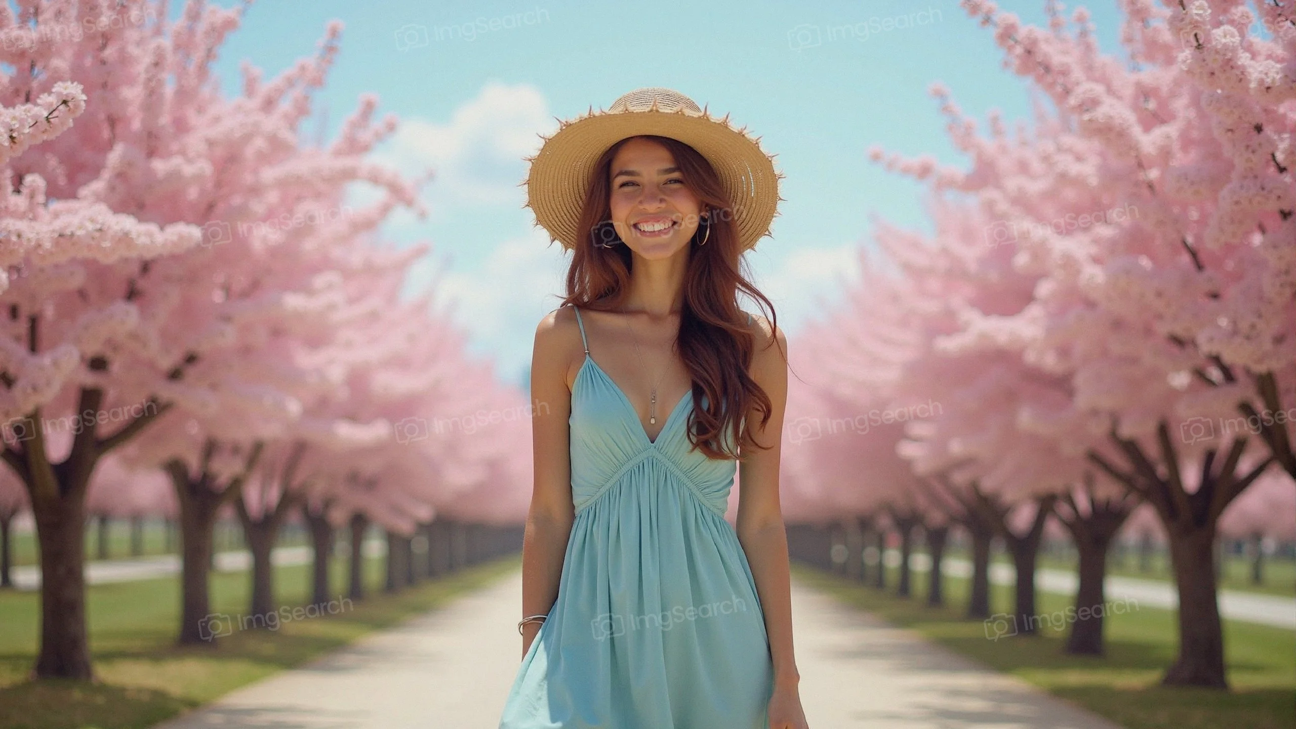 A young woman in a blue dress standing in a cherry blossom garden.