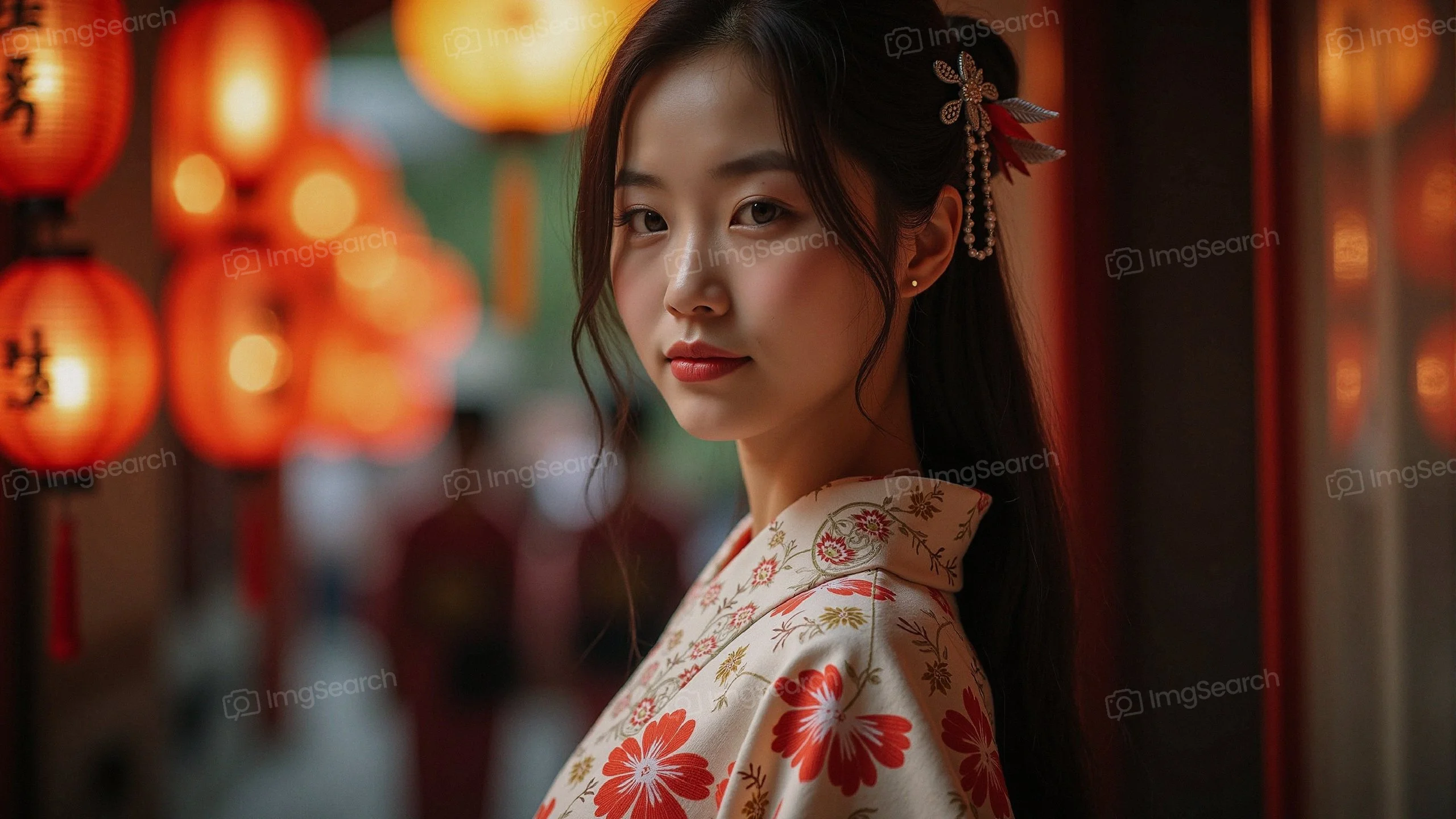 A woman in a floral kimono stands under glowing red lanterns in a setting.