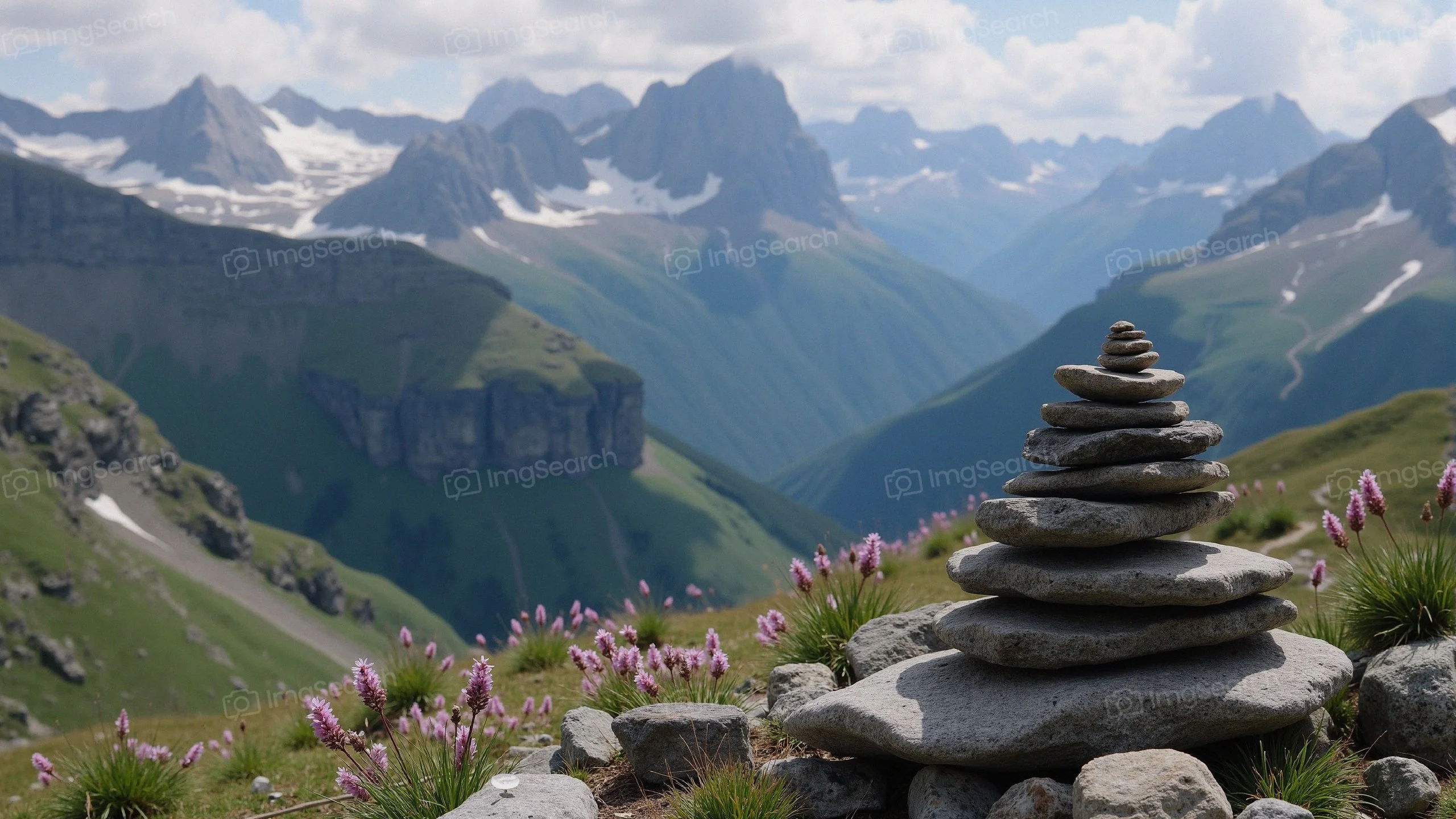 A balanced stone cairn in the foreground with pink flowers mountains in the background