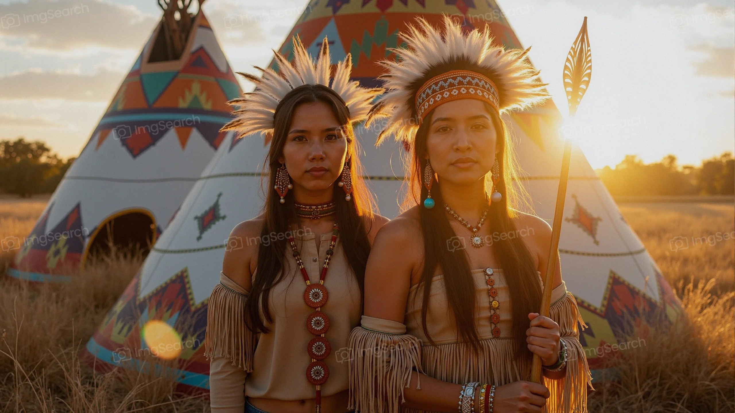Two women in traditional Native American clothing standing in front of teepees at sunset