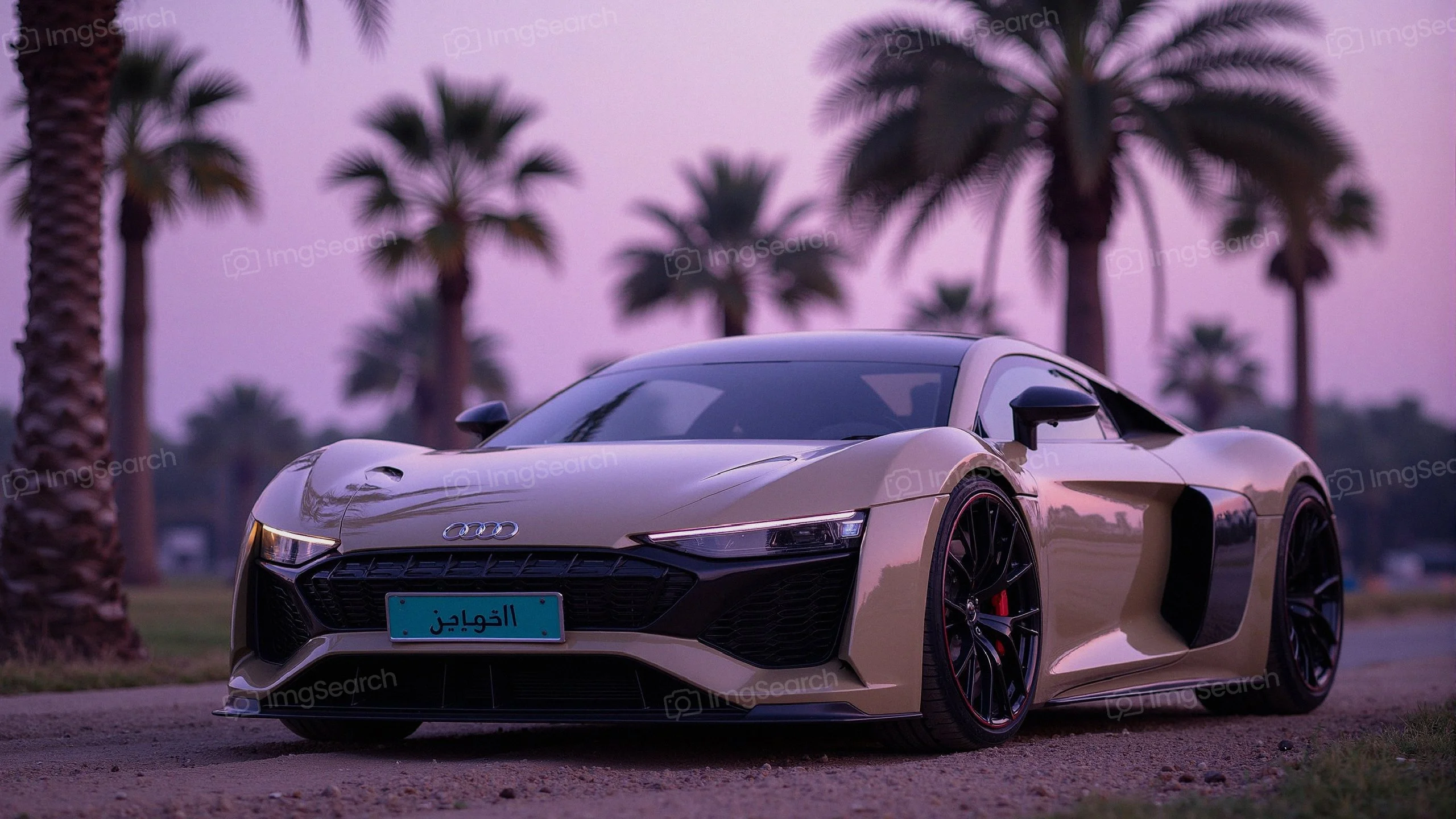 A sleek Audi supercar parked in a desert oasis at twilight with palm trees in the background.