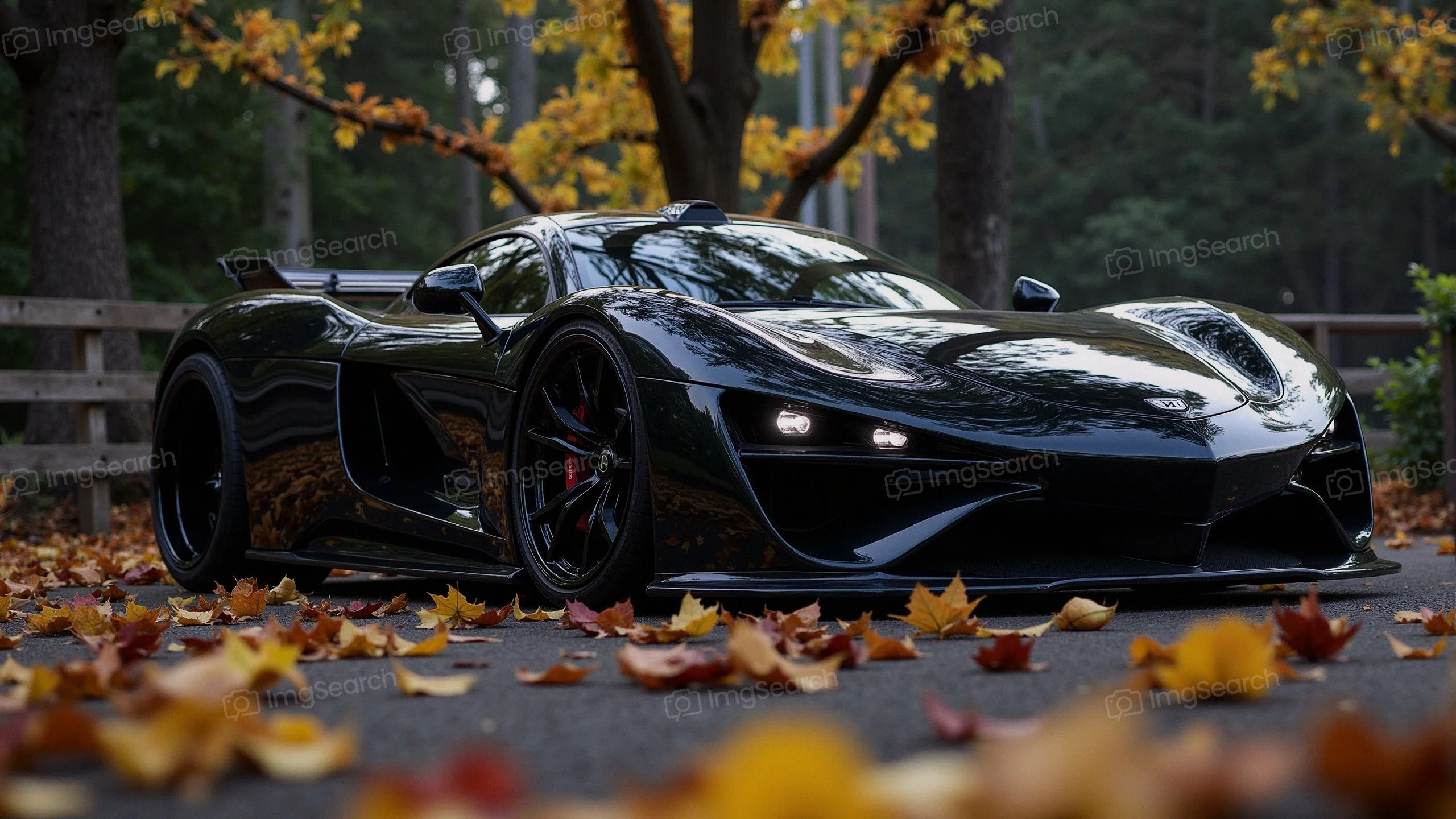 Black hypercar on a road surrounded by autumn leaves