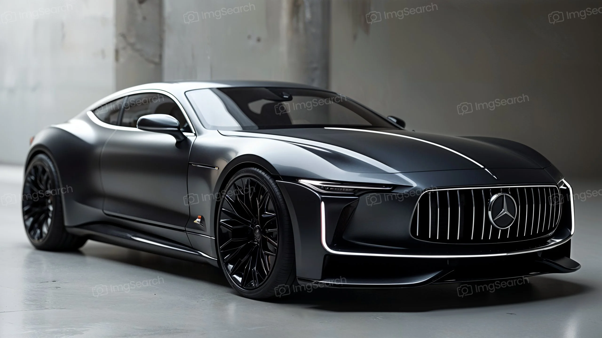 A matte black luxury sports car showcasing its sleek design and distinctive features.