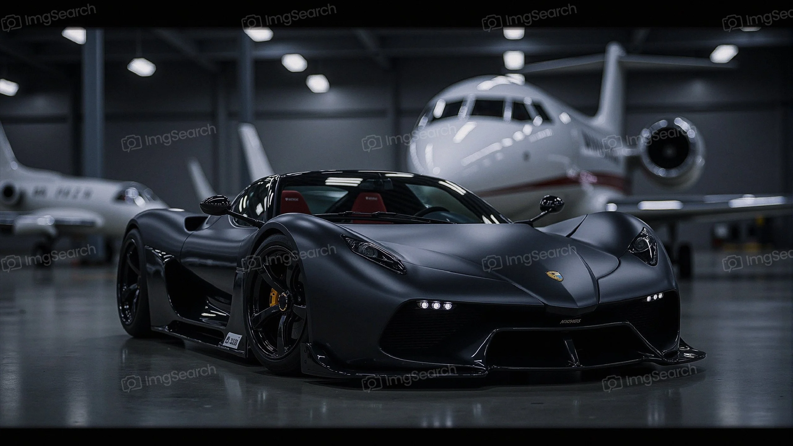 Matte black supercar parked in a luxury aircraft hangar next to private jets