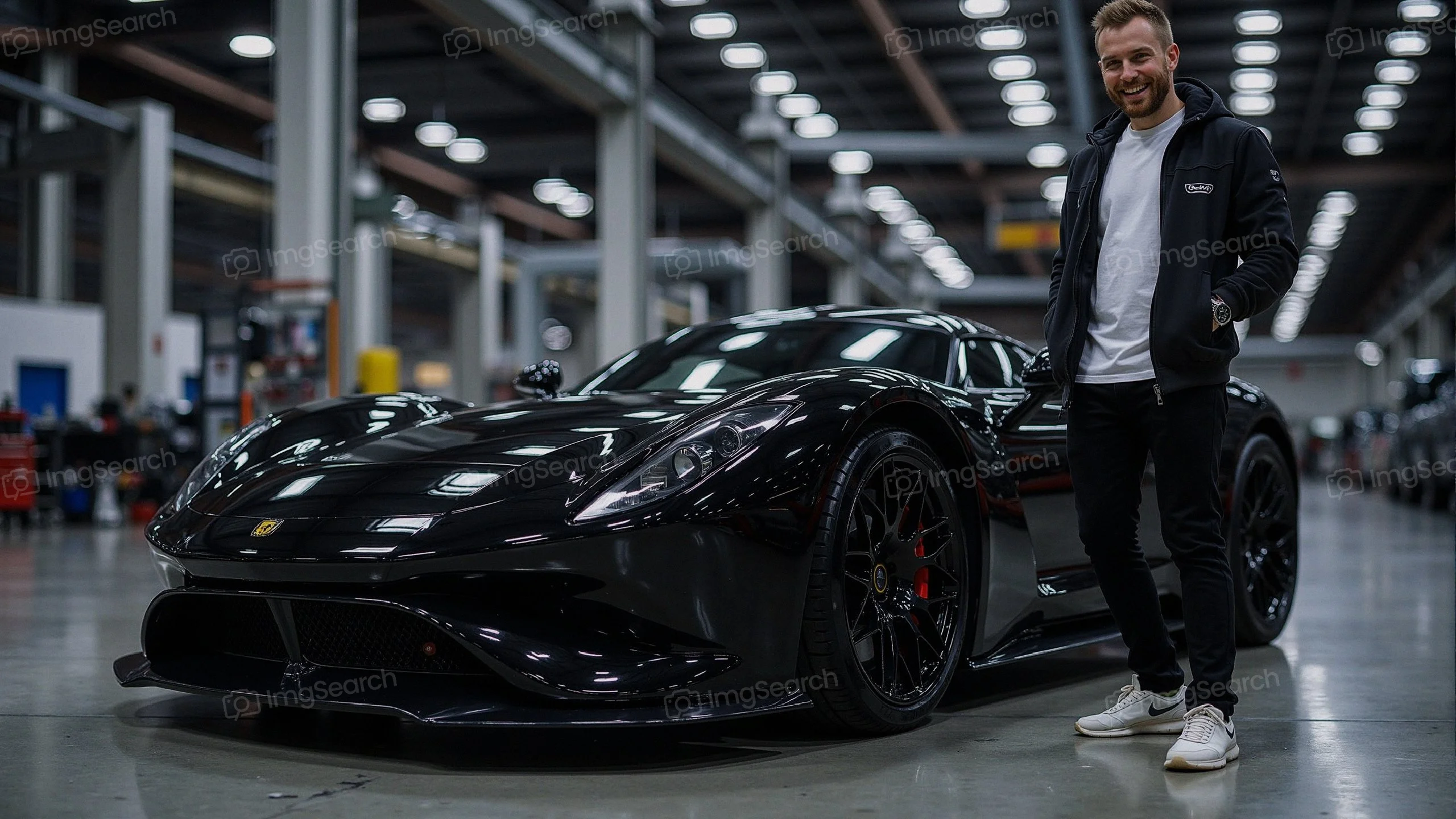 A person standing beside a black supercar in a workshop setting.
