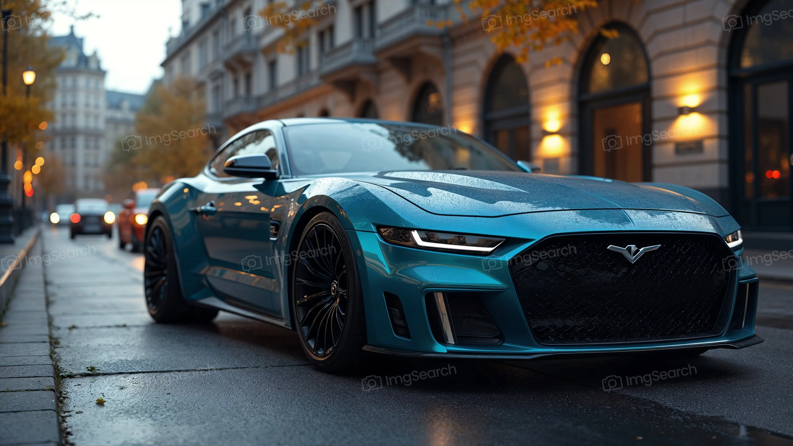 A blue electric sports car parked on a rainy city street with reflections on the pavement.