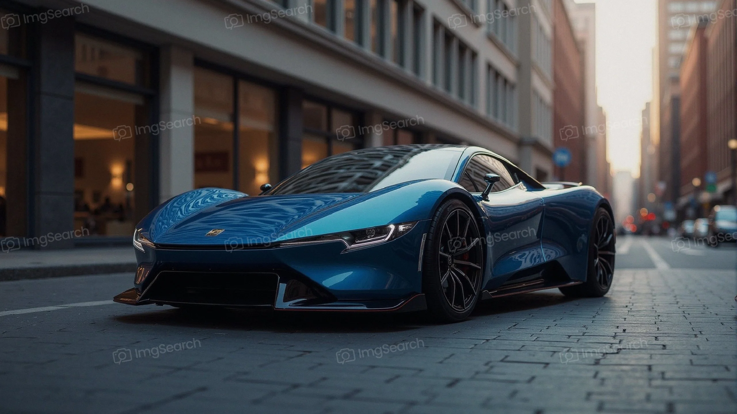 A blue supercar parked in an urban environment