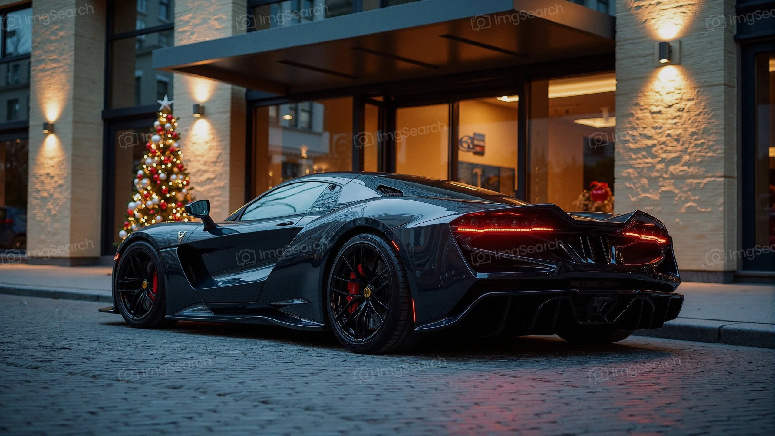 Luxury black sports car parked near a Christmas tree in an urban setting