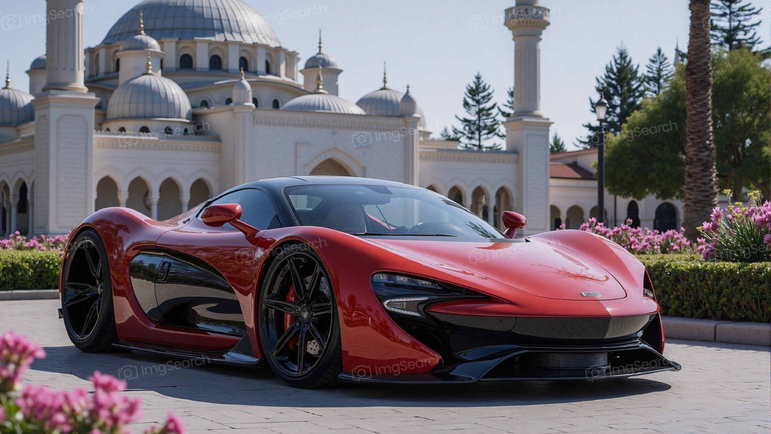 A red McLaren P1 parked in a beautifully landscaped courtyard next to a grand building.