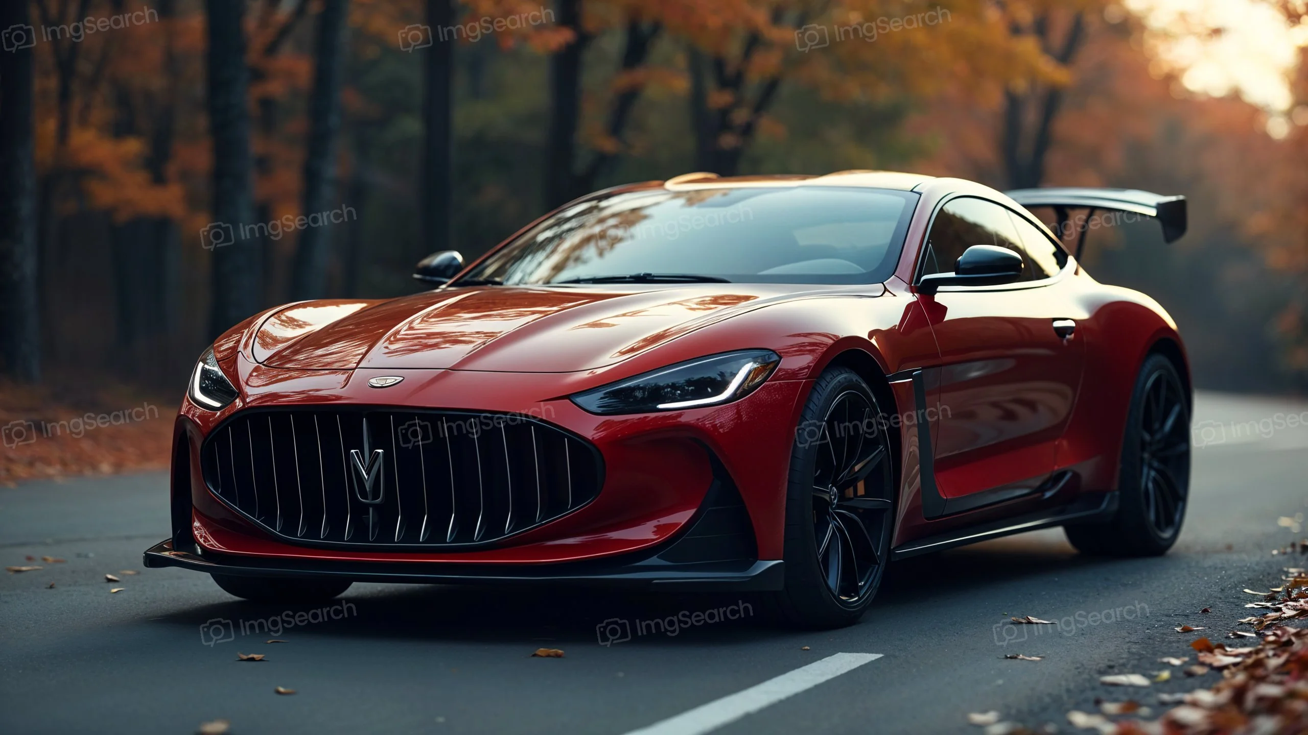 A red sports car parked on a country road surrounded by autumn leaves.