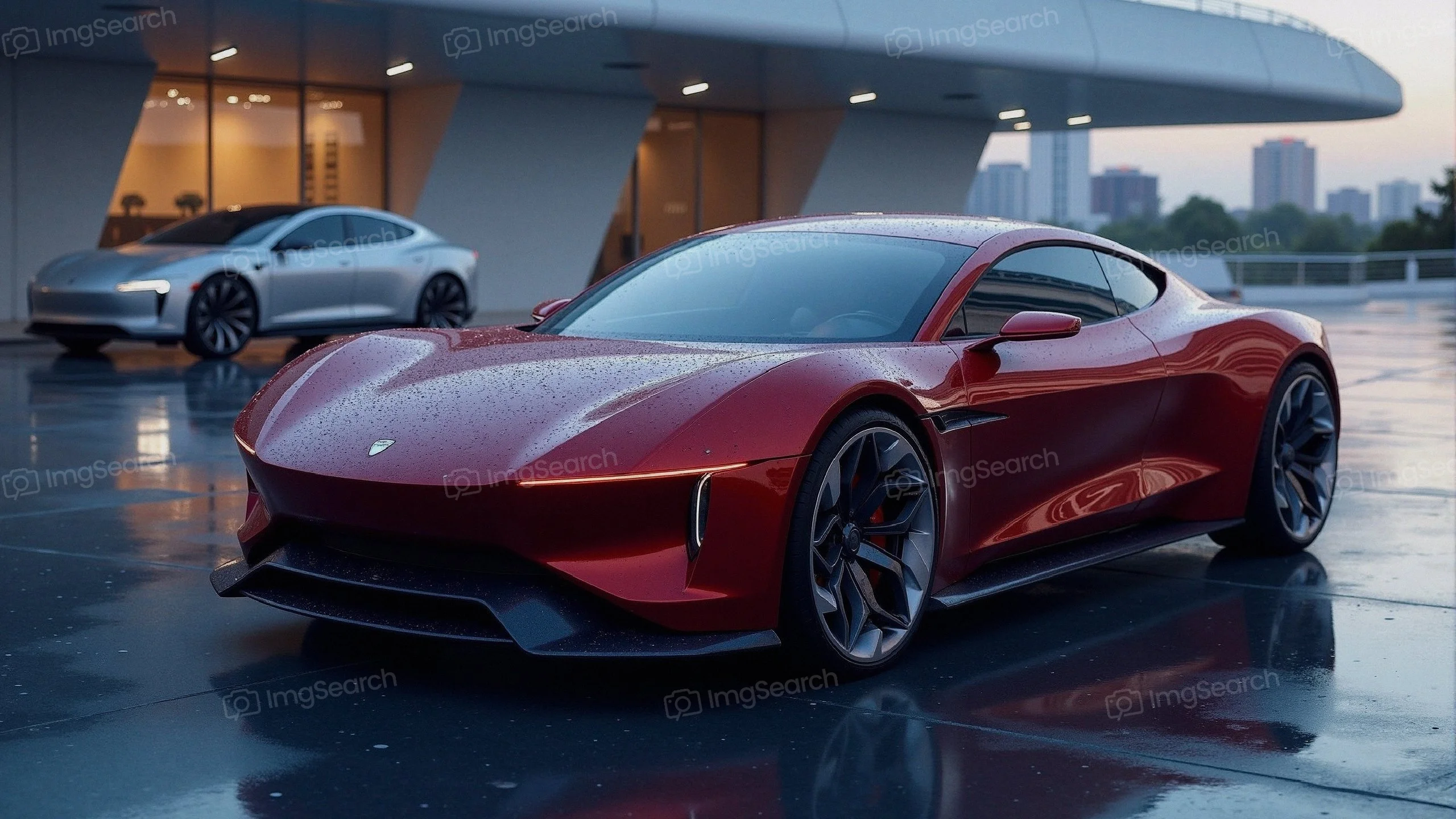 A sleek red sports car parked in an urban area with reflective surfaces modern buildings.