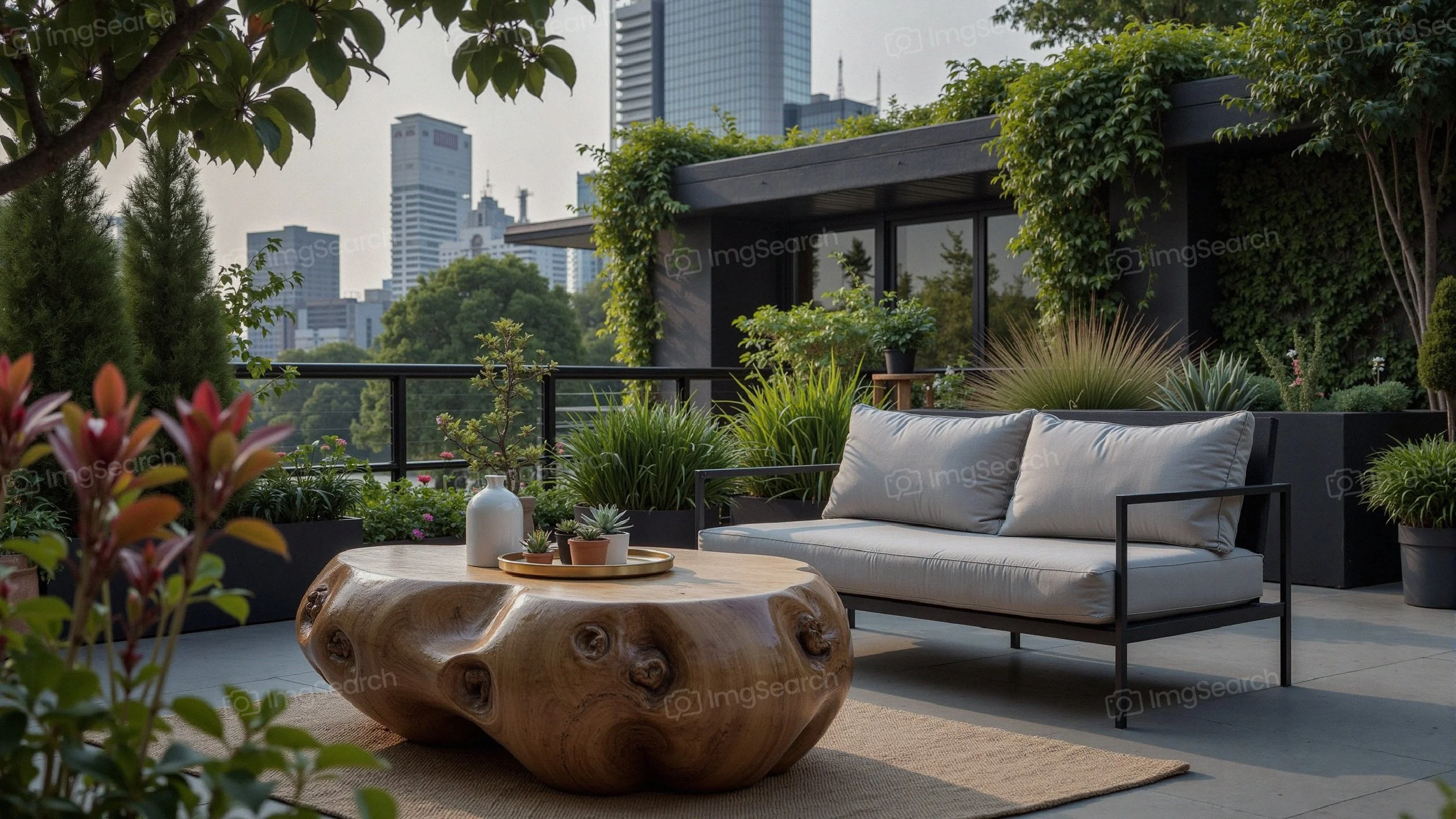 A modern outdoor living space featuring a minimalist sofa wooden coffee table amidst lush greenery.