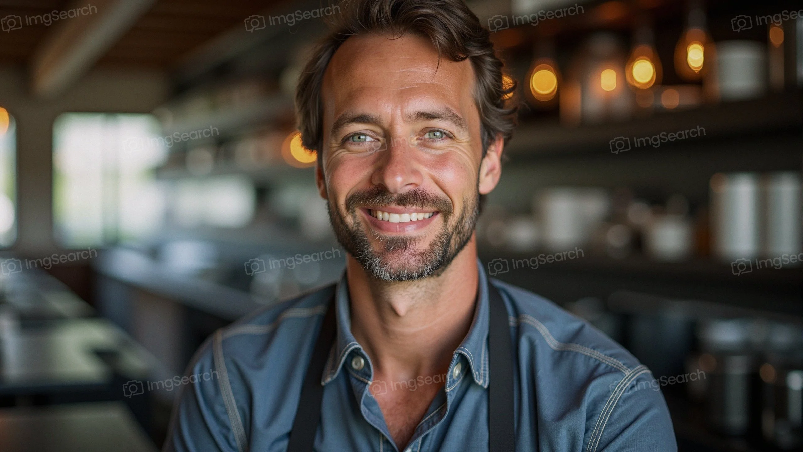 A smiling male barista in a café, wearing a blue shirt apron.