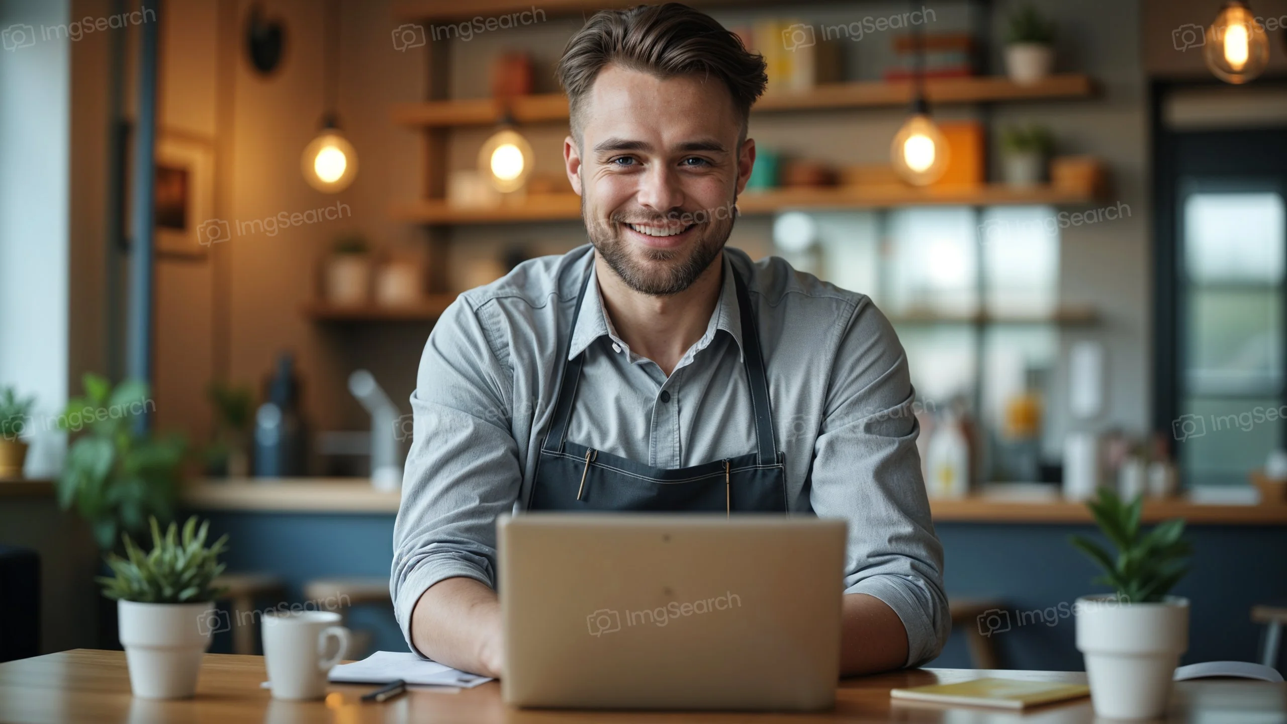 A smiling barista in an apron sitting at a table with a laptop in a cozy cafe