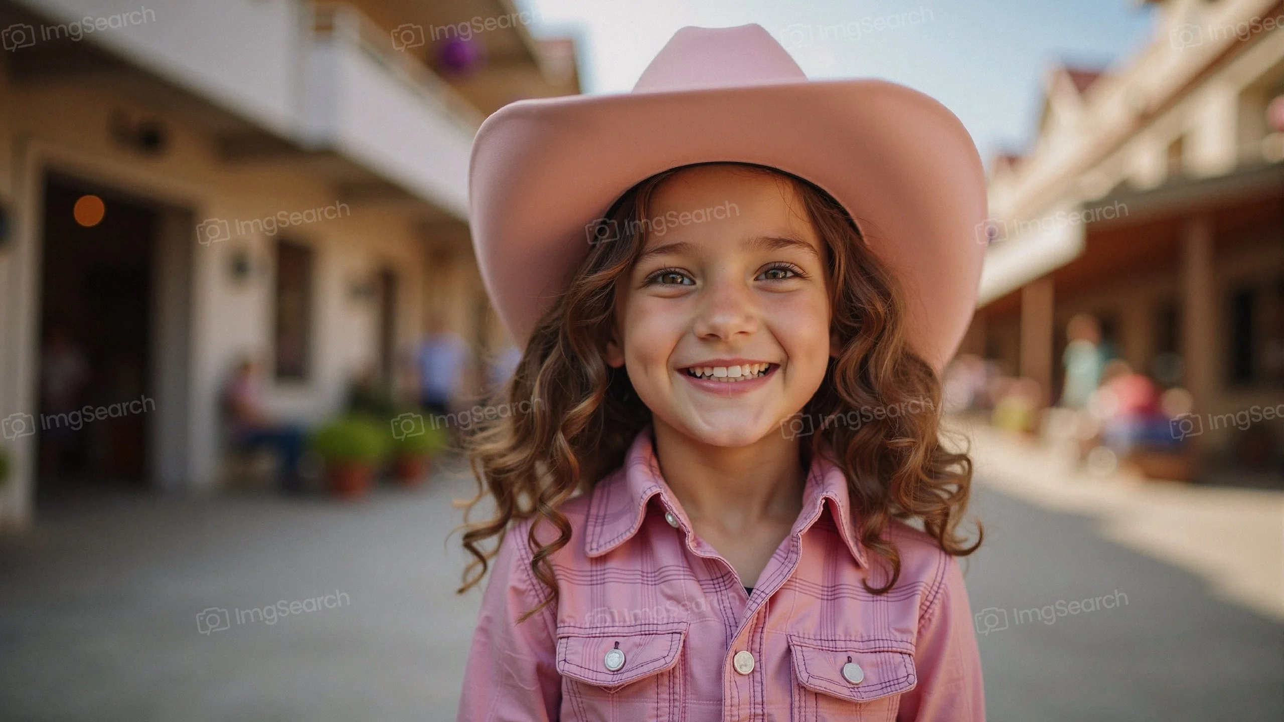 A young girl in a pink cowboy hat smiling in a rustic Western setting