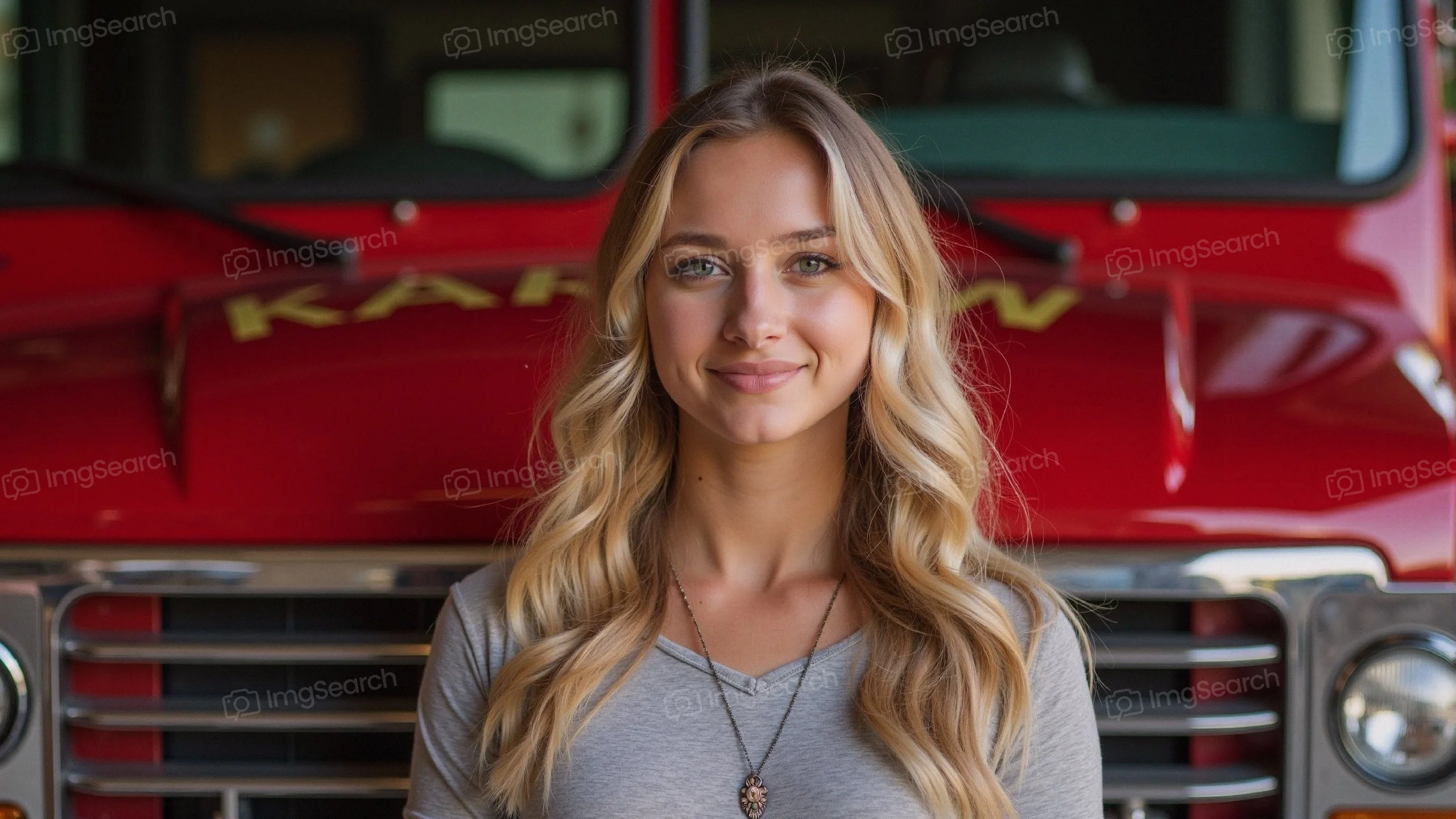 A young woman with blonde hair smiling in front of a red fire truck.
