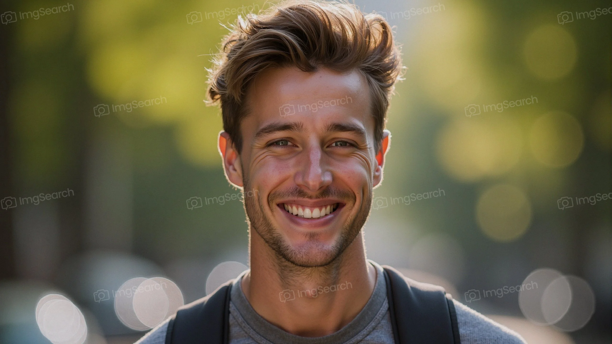 A young man smiling in a city park with sunlight filtering through the trees.
