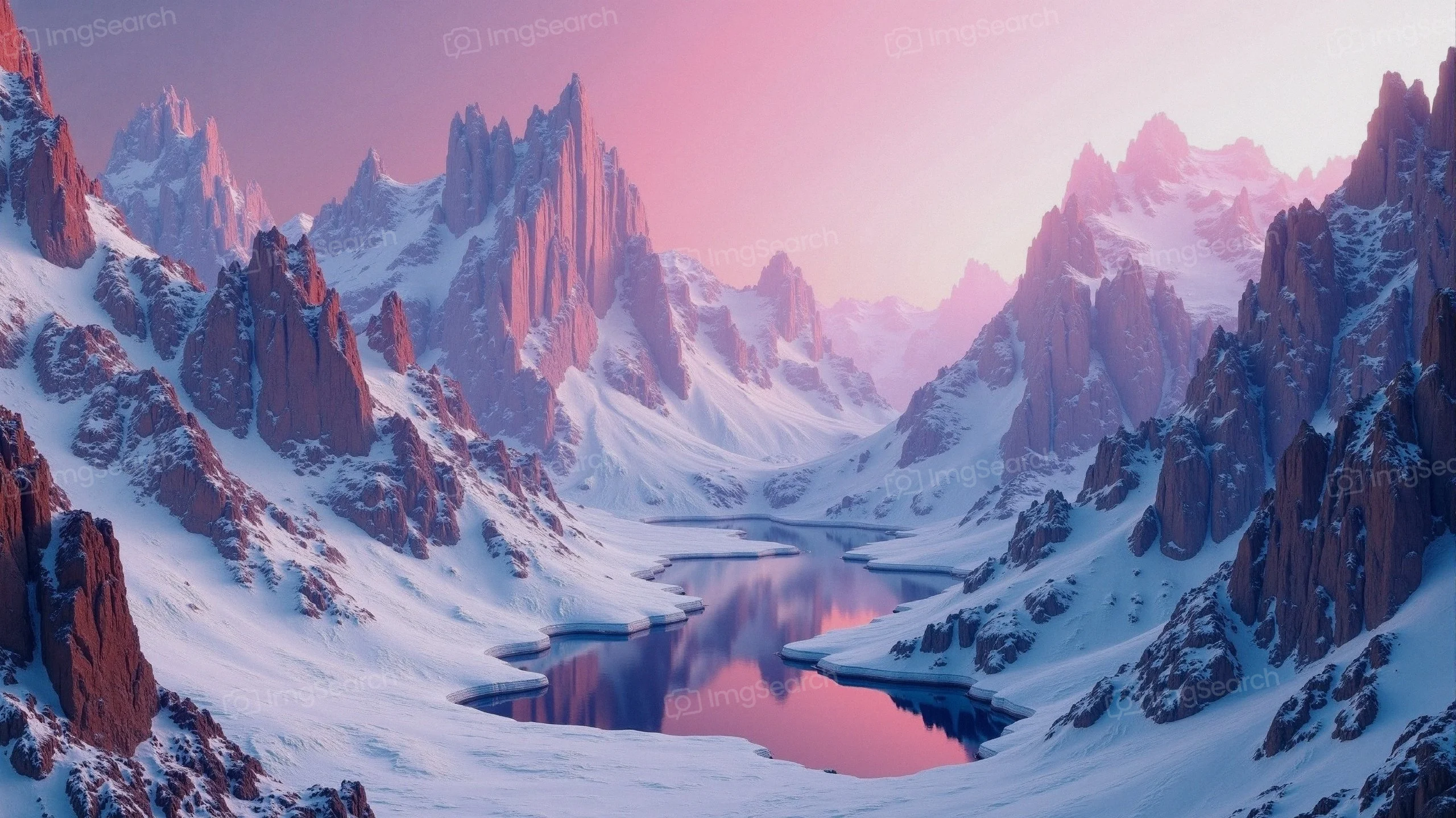 A tranquil landscape of snow-capped mountains with a reflective lake at dawn in pastel hues.