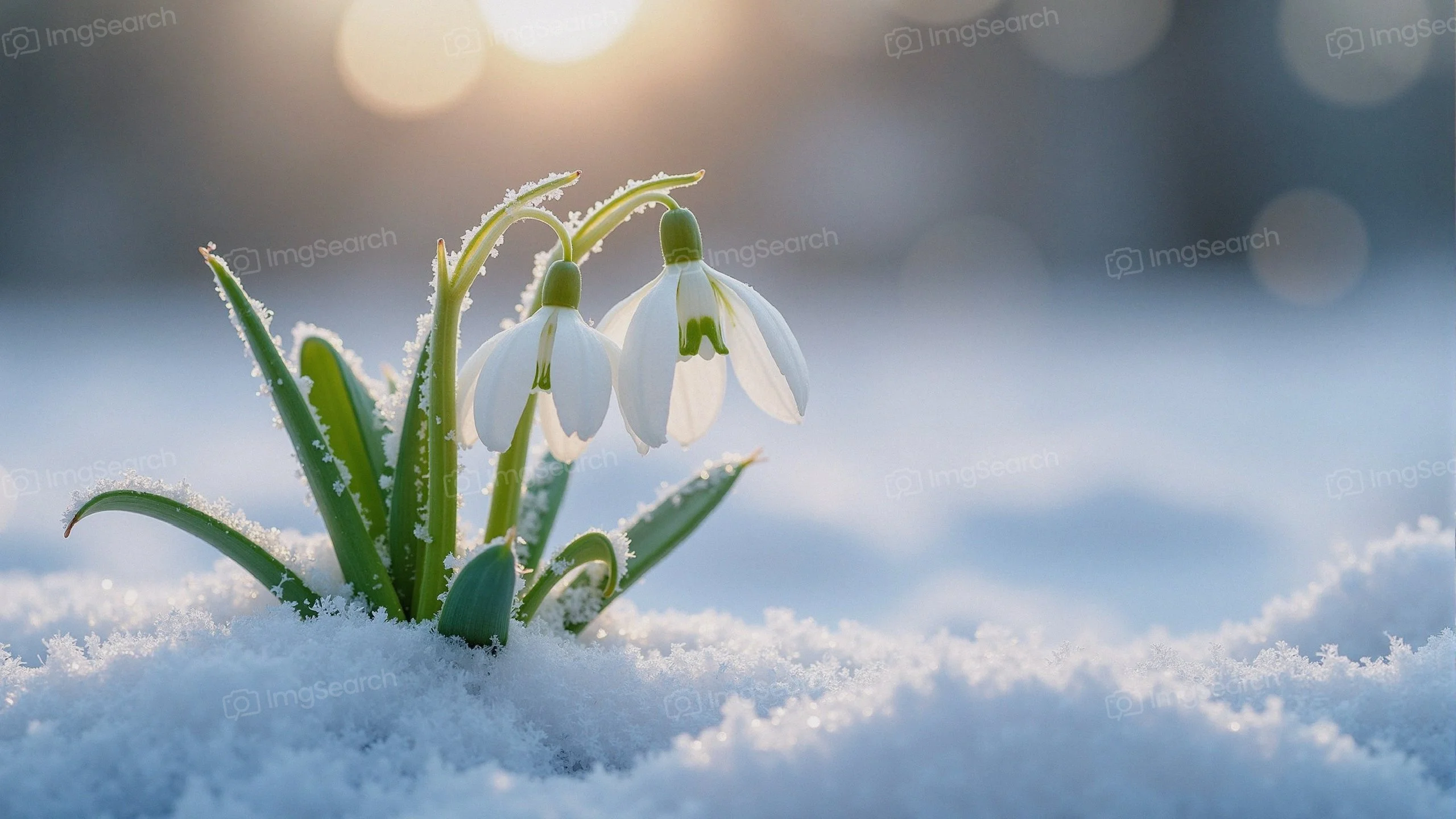 Close-up of snowdrop flowers against a snowy background with sunlight