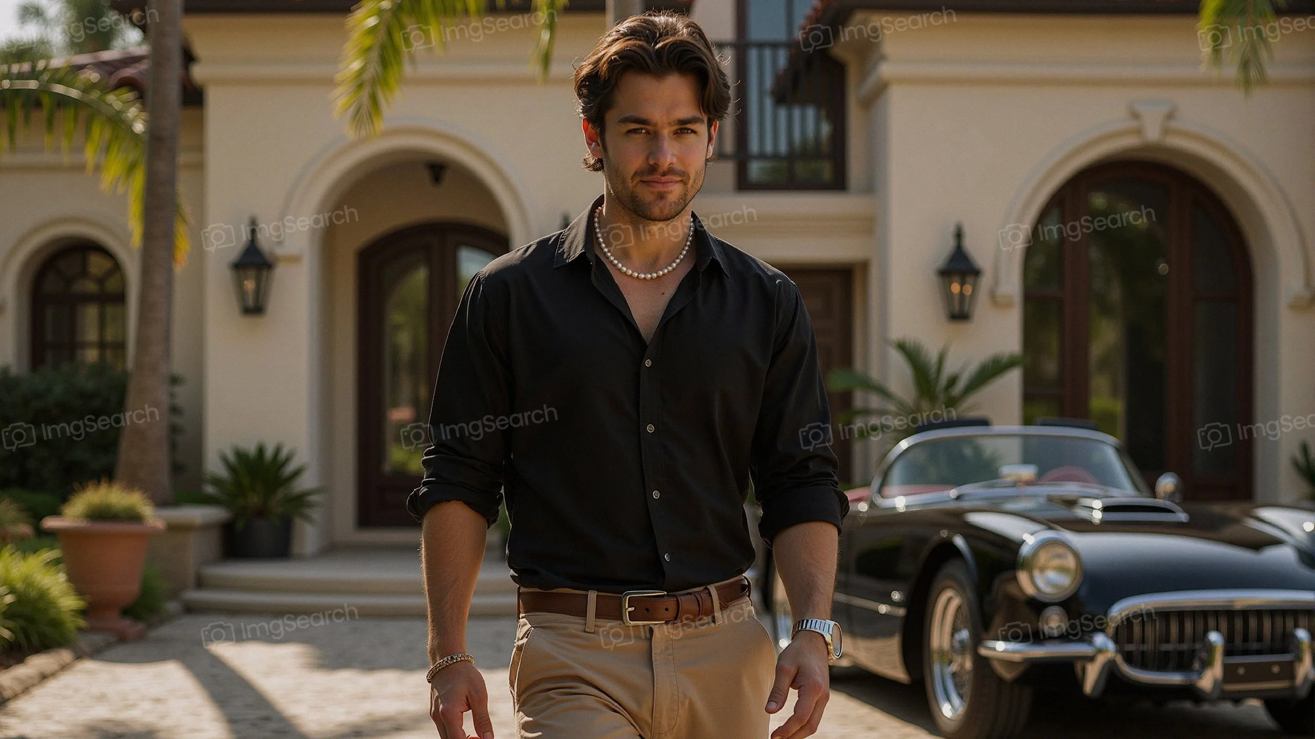 A well-dressed man in a black shirt beige pants walking in front of a luxury house with a black convertible car.