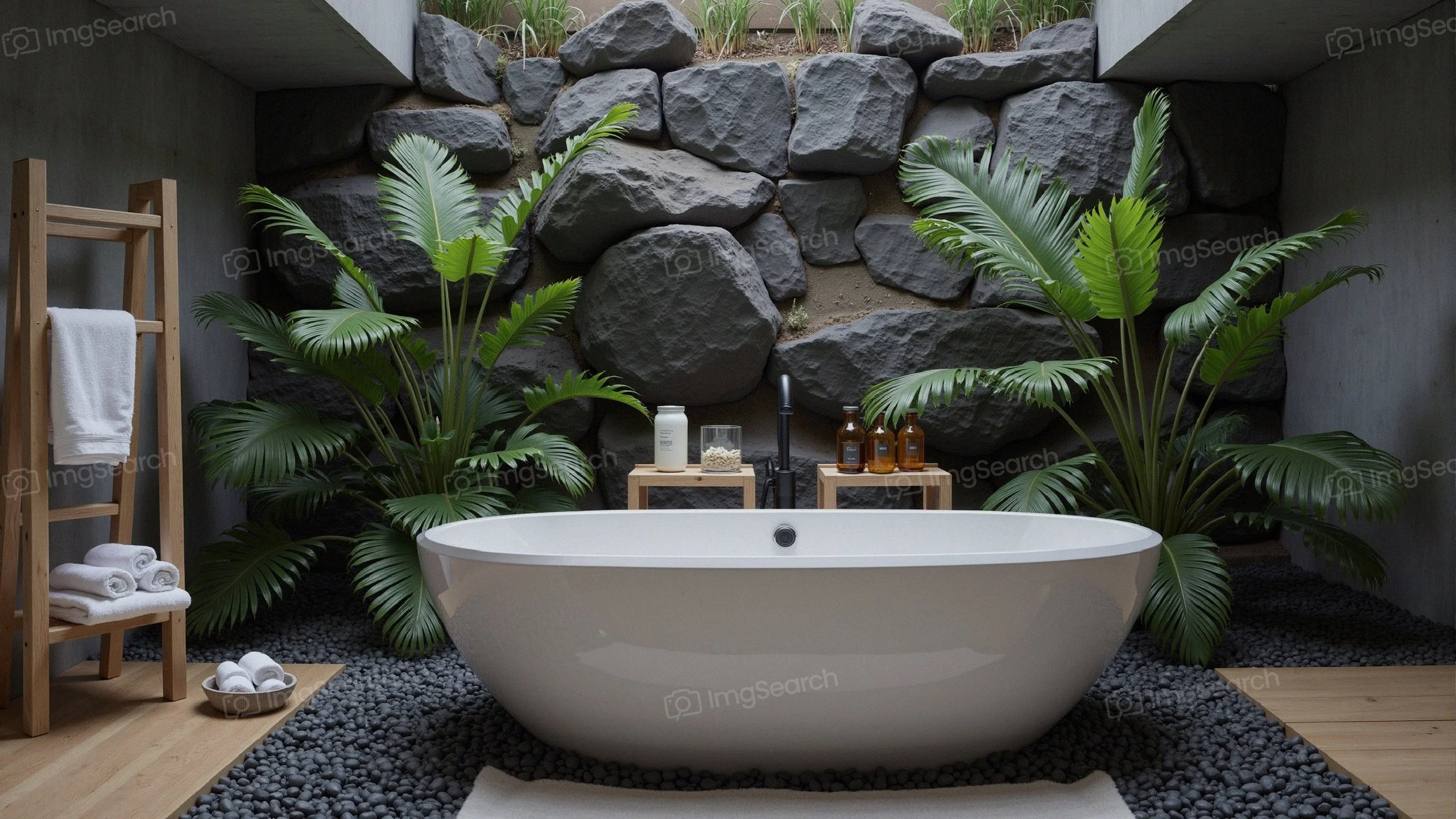 A modern bathroom featuring a freestanding white bathtub surrounded by rocks tropical plants.