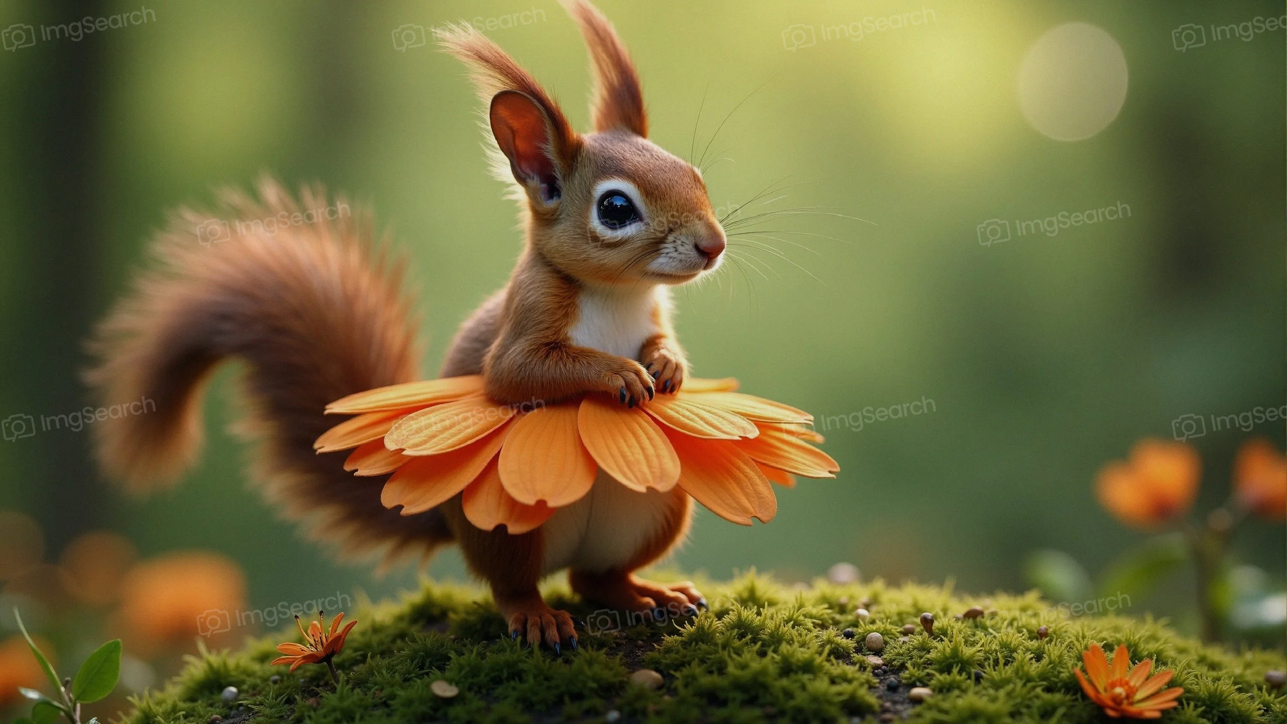 A cute squirrel wearing a flower skirt in a sunny forest setting.