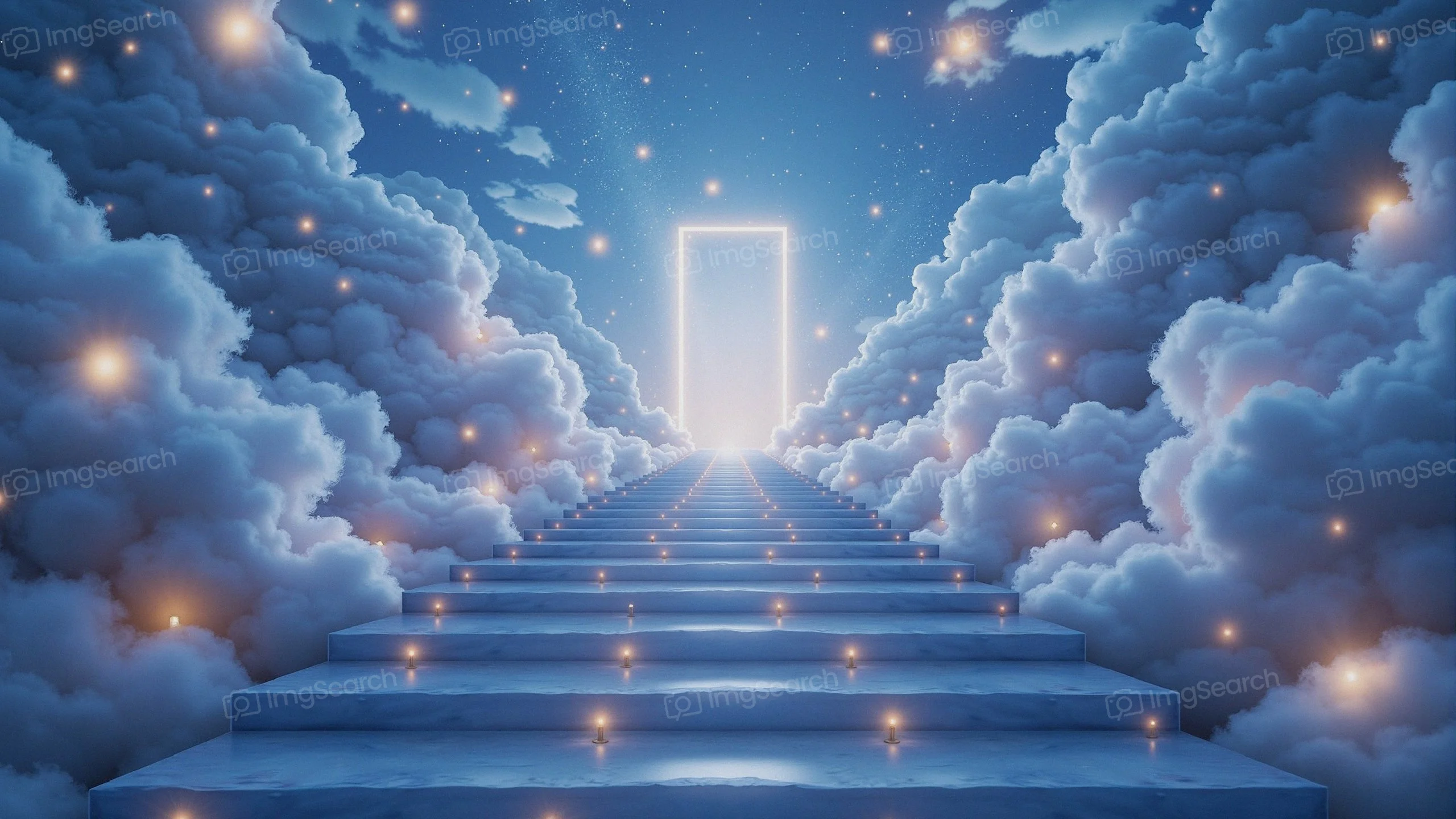 A stairway leading through clouds to a glowing door in a starry sky.