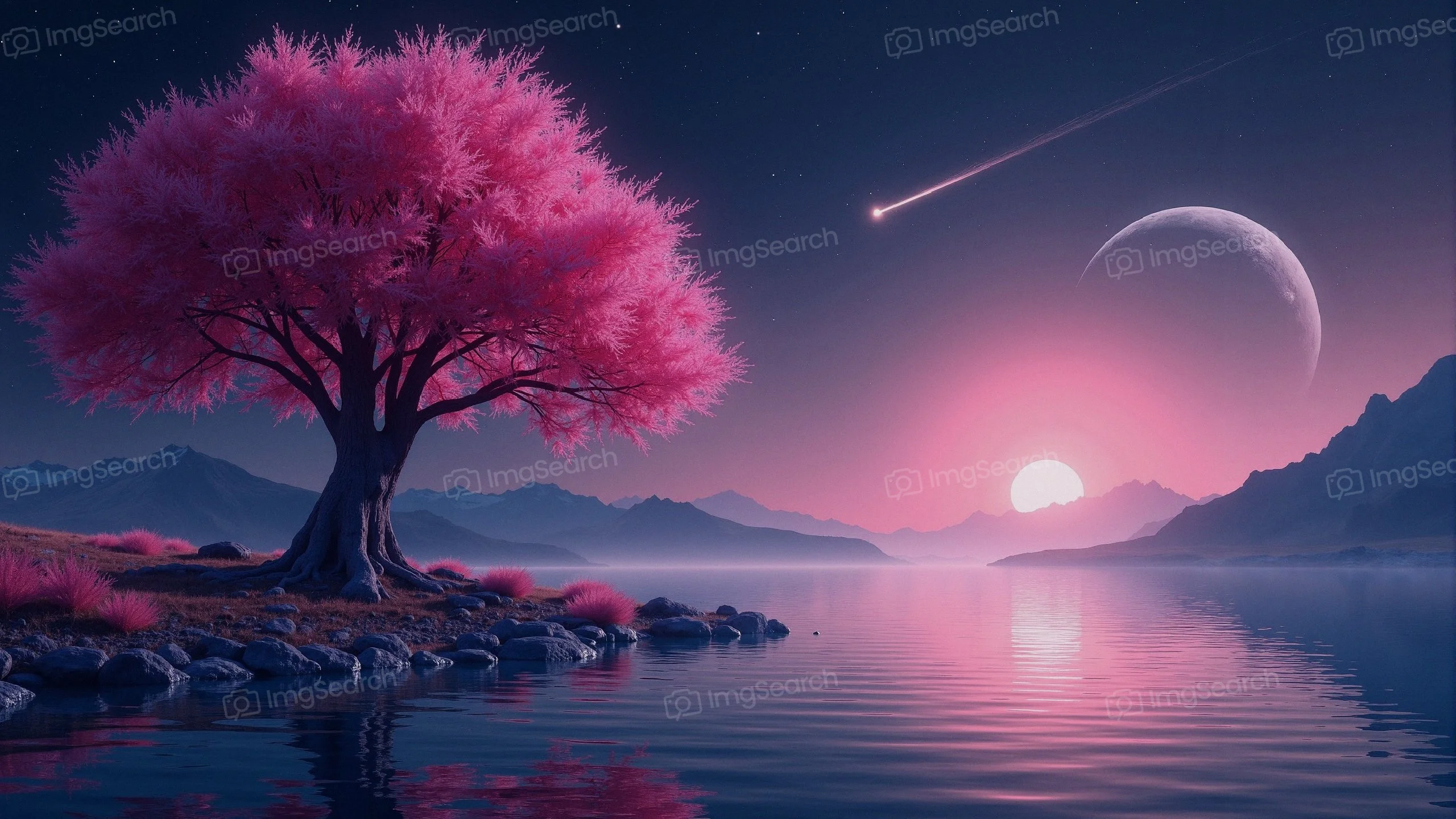 A solitary pink tree by a tranquil lake at sunset with celestial bodies in the sky.