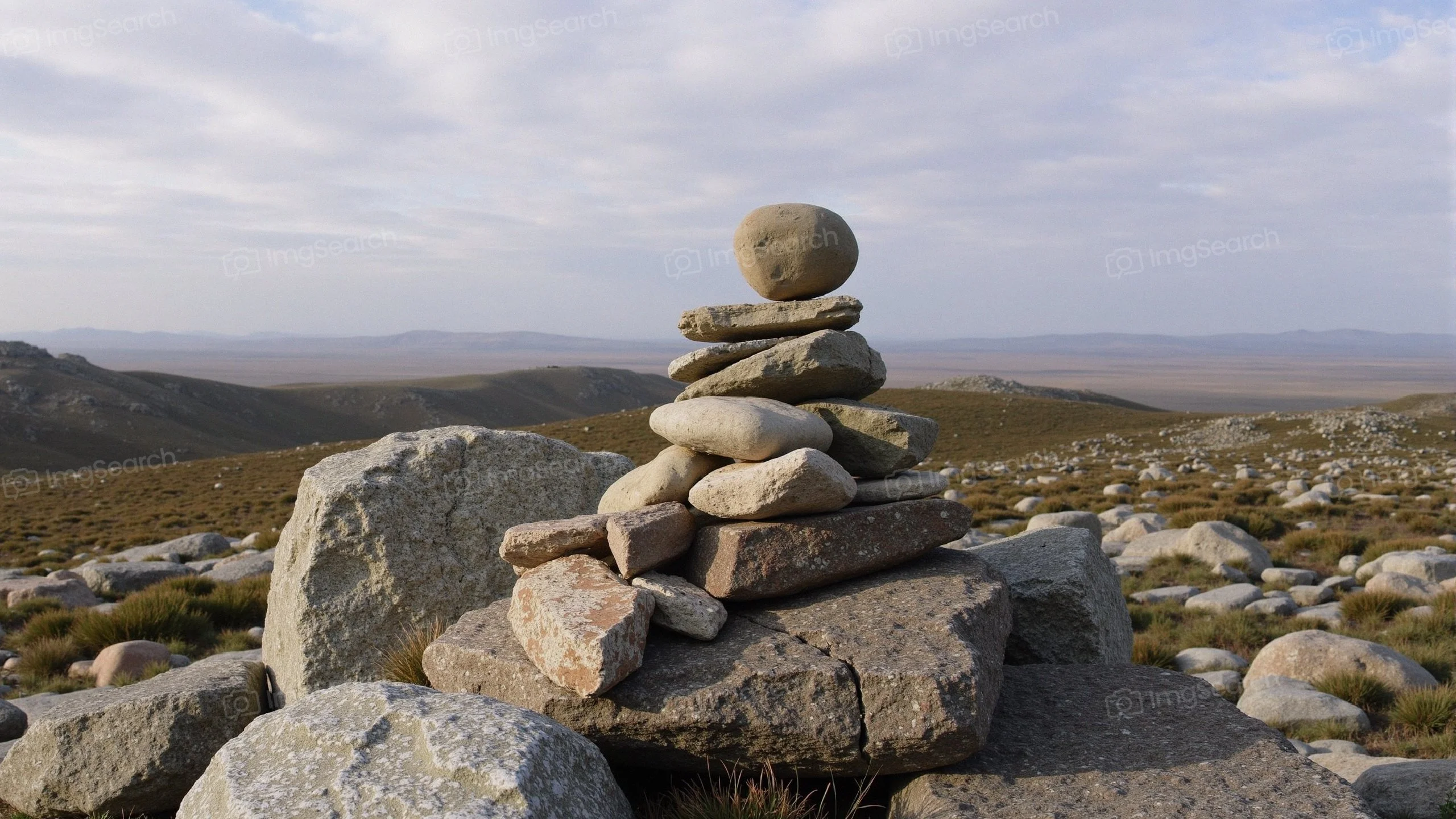 A stone cairn in a vast landscape under a cloudy sky