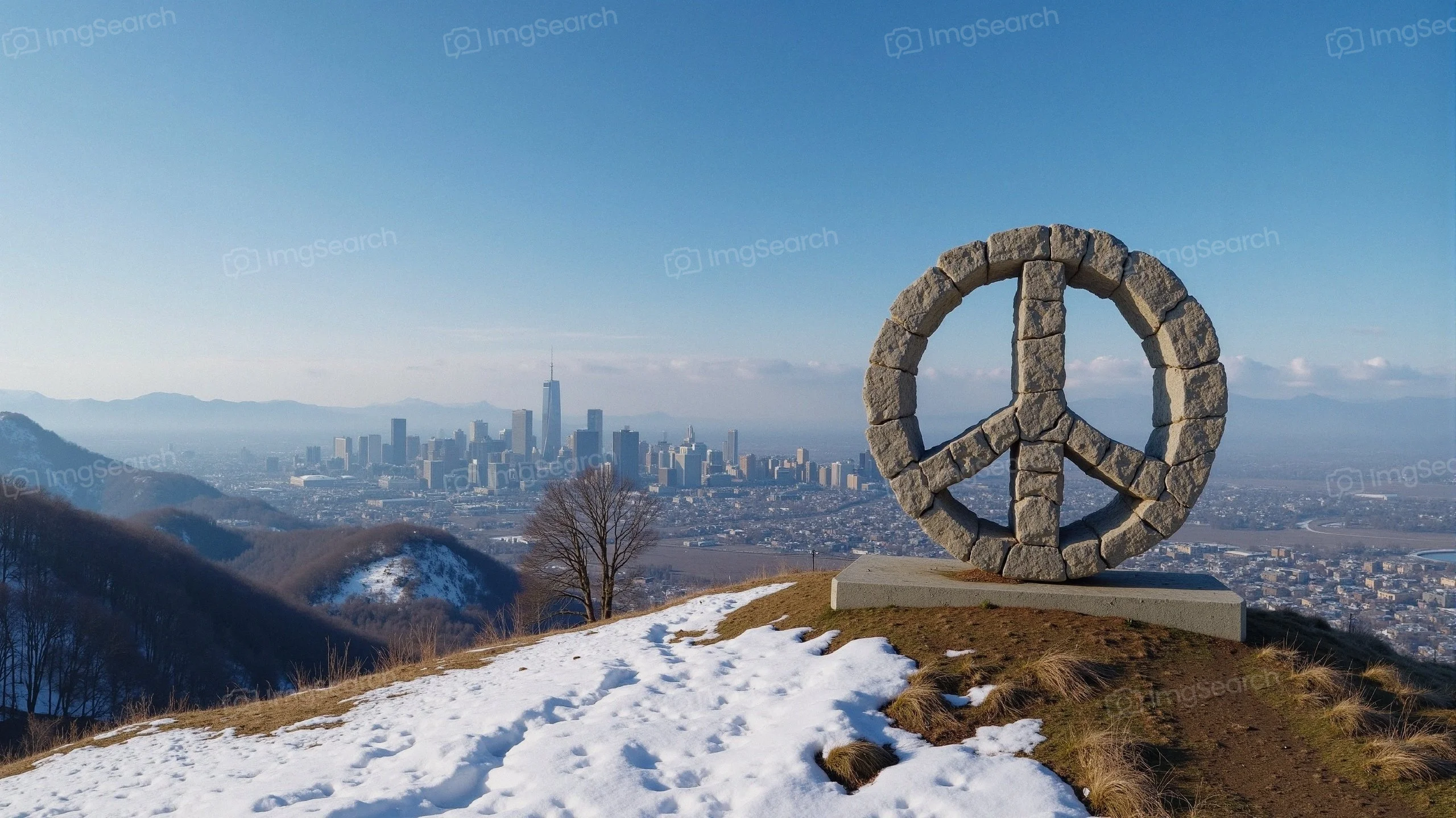 A stone peace symbol on a hillside with city skyline in the background