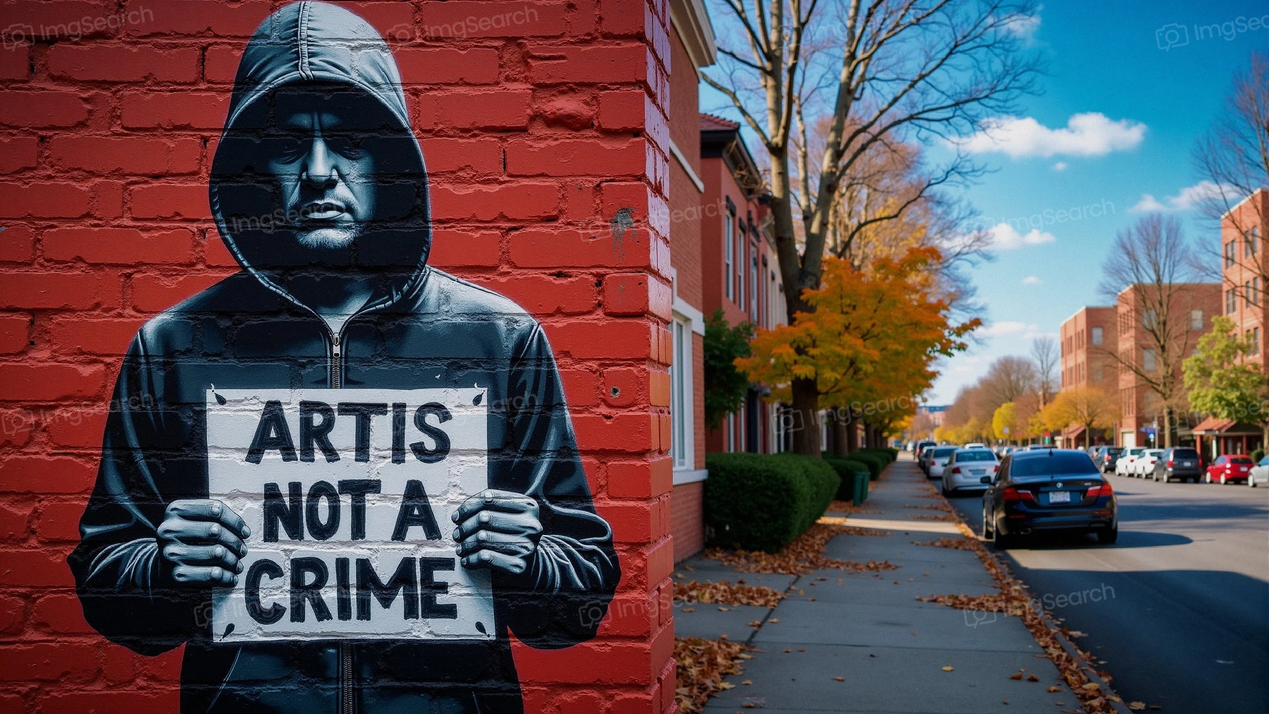 A mural of a person in a hoodie holding a sign that reads 'ART IS NOT A CRIME' against a red brick wall.