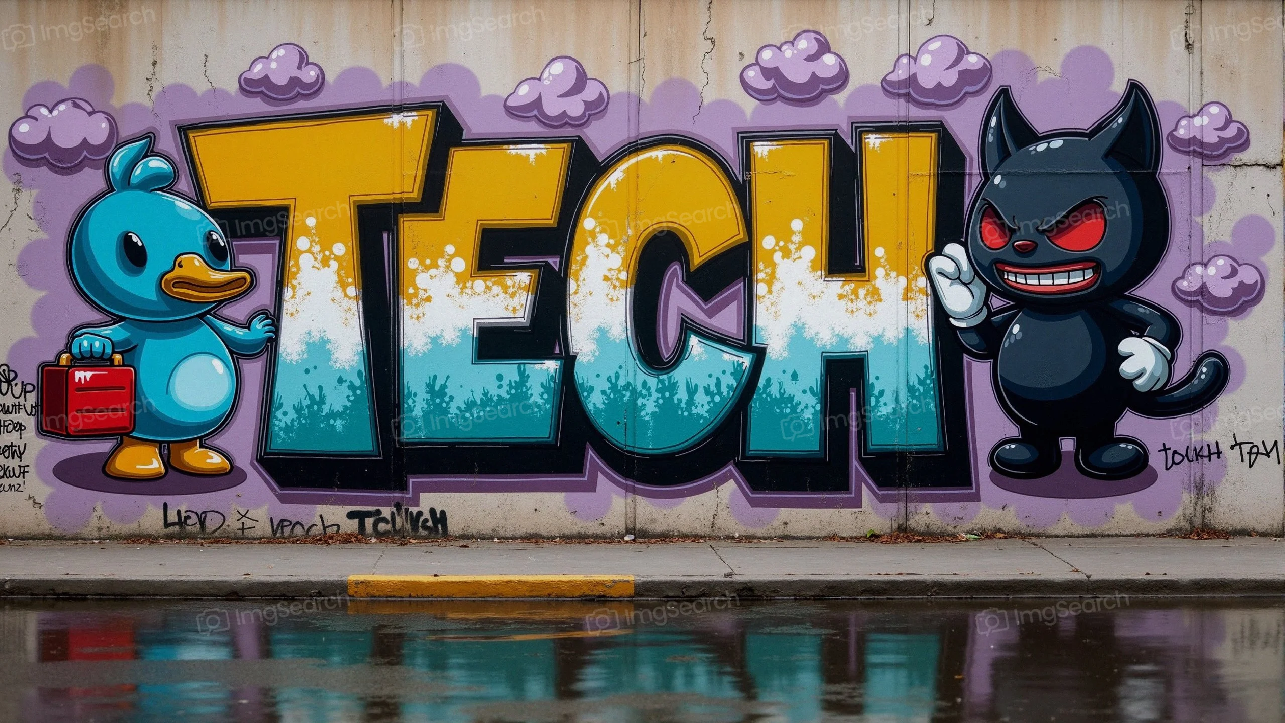 A street mural with the word 'TECH' cartoon characters of a blue duck a black cat.