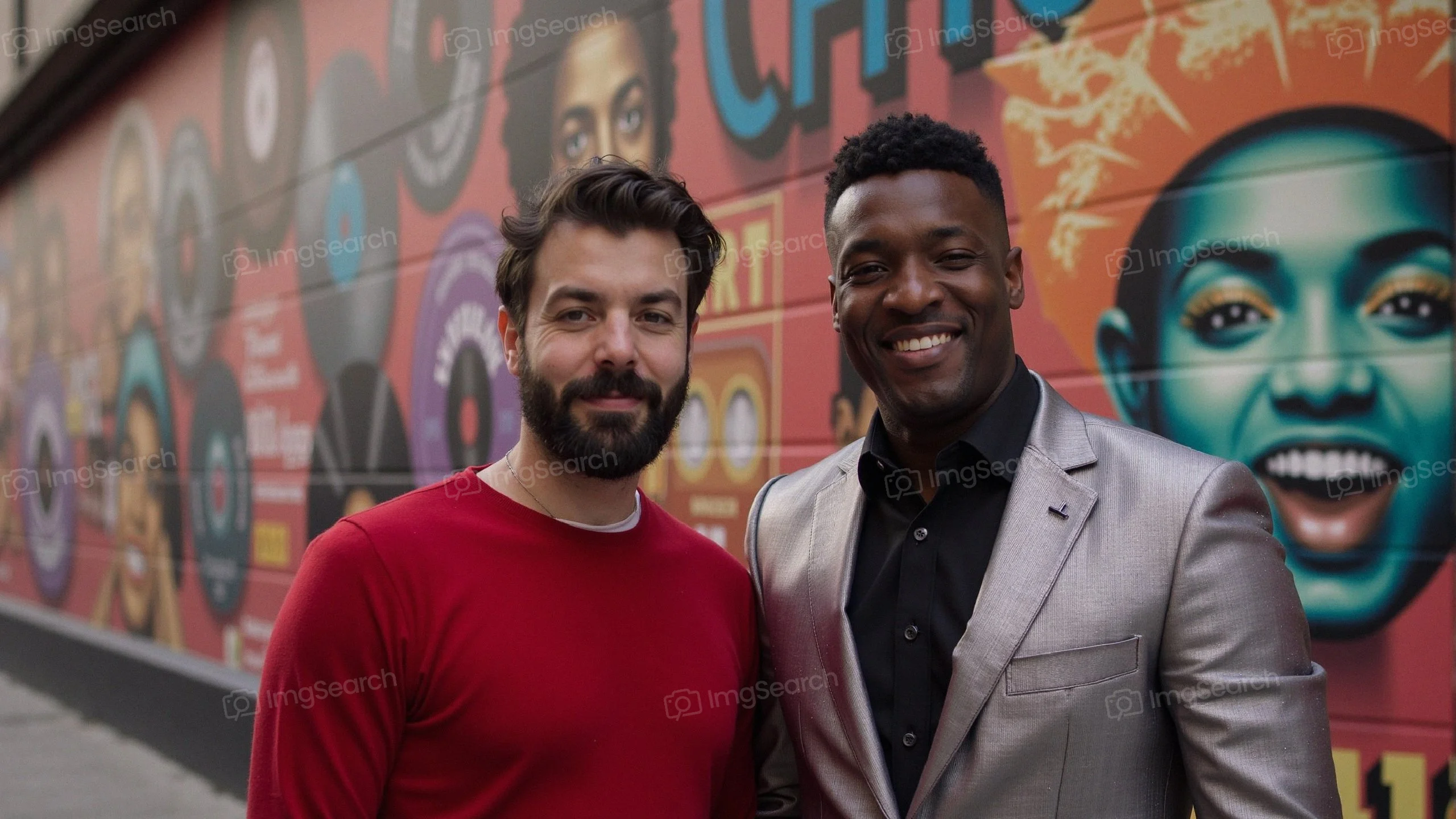 Two men posing in front of a colorful street mural featuring diverse facial portraits.