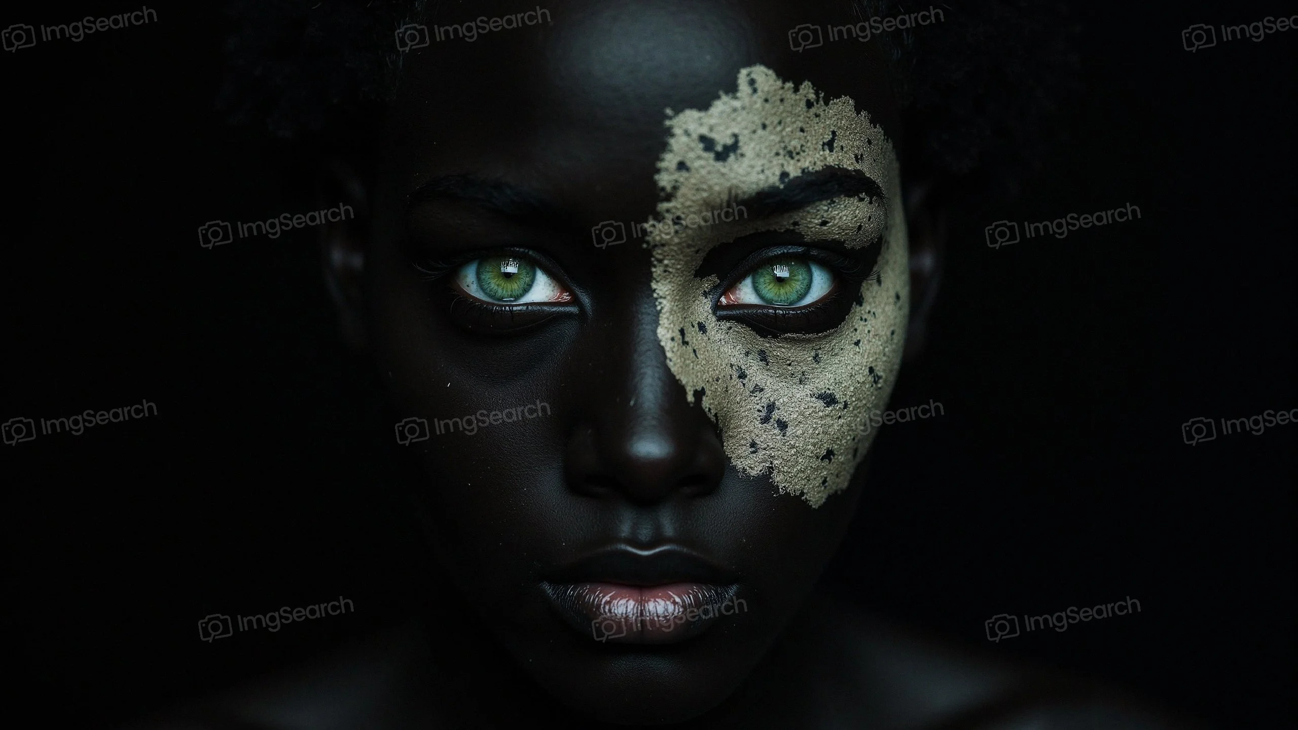 A portrait of a person with one half of their face dark and the other half covered in a textured light material.